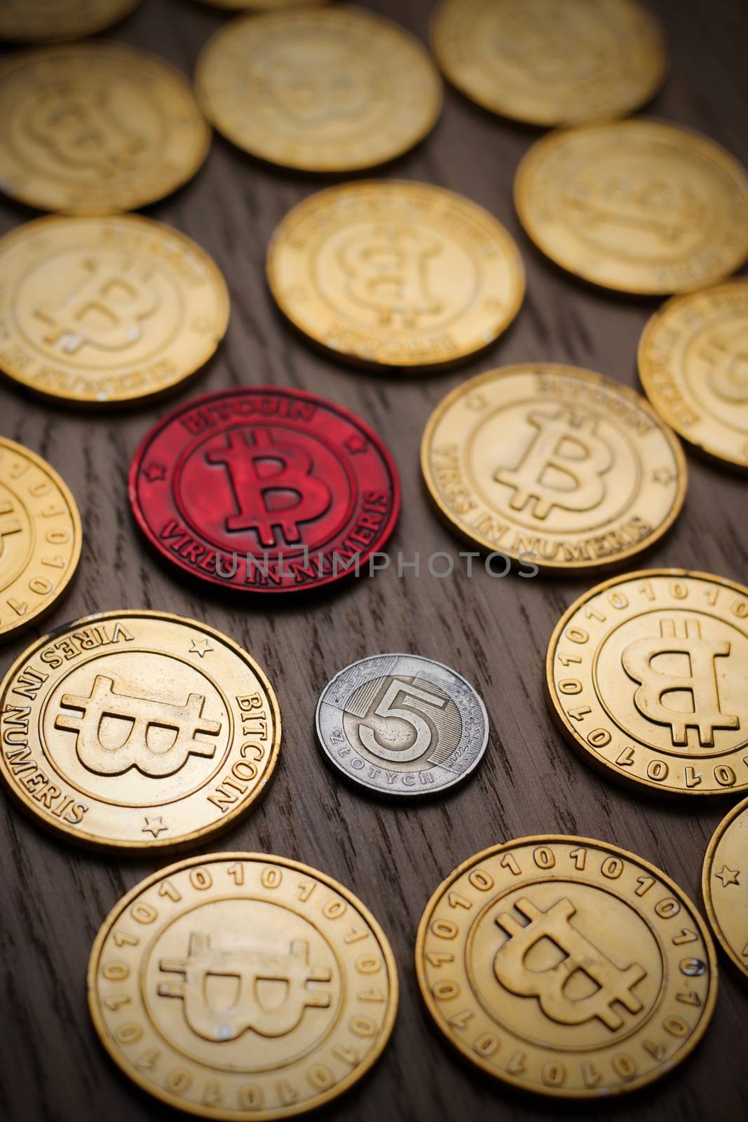 Crypto currency physical bitcoin coin. Bitcoin tokens digital money concept.