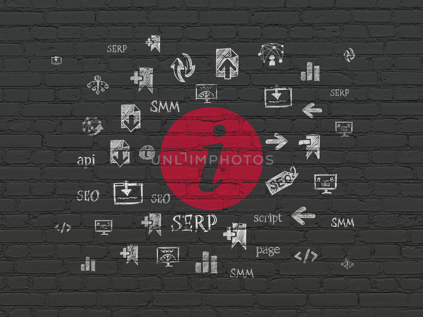 Web design concept: Painted red Information icon on Black Brick wall background with  Hand Drawn Site Development Icons