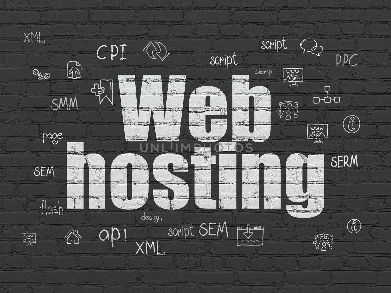 Web design concept: Painted white text Web Hosting on Black Brick wall background with  Hand Drawn Site Development Icons