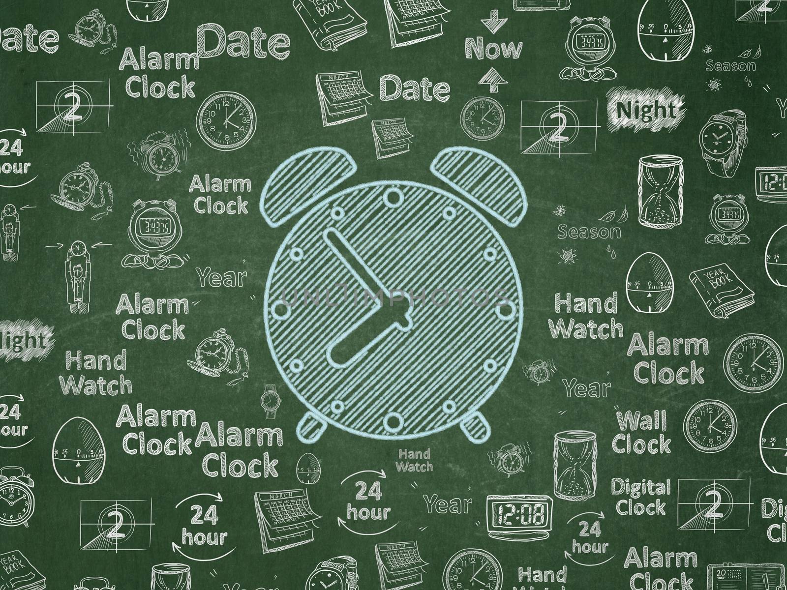 Timeline concept: Chalk Blue Alarm Clock icon on School board background with  Hand Drawing Time Icons, School Board