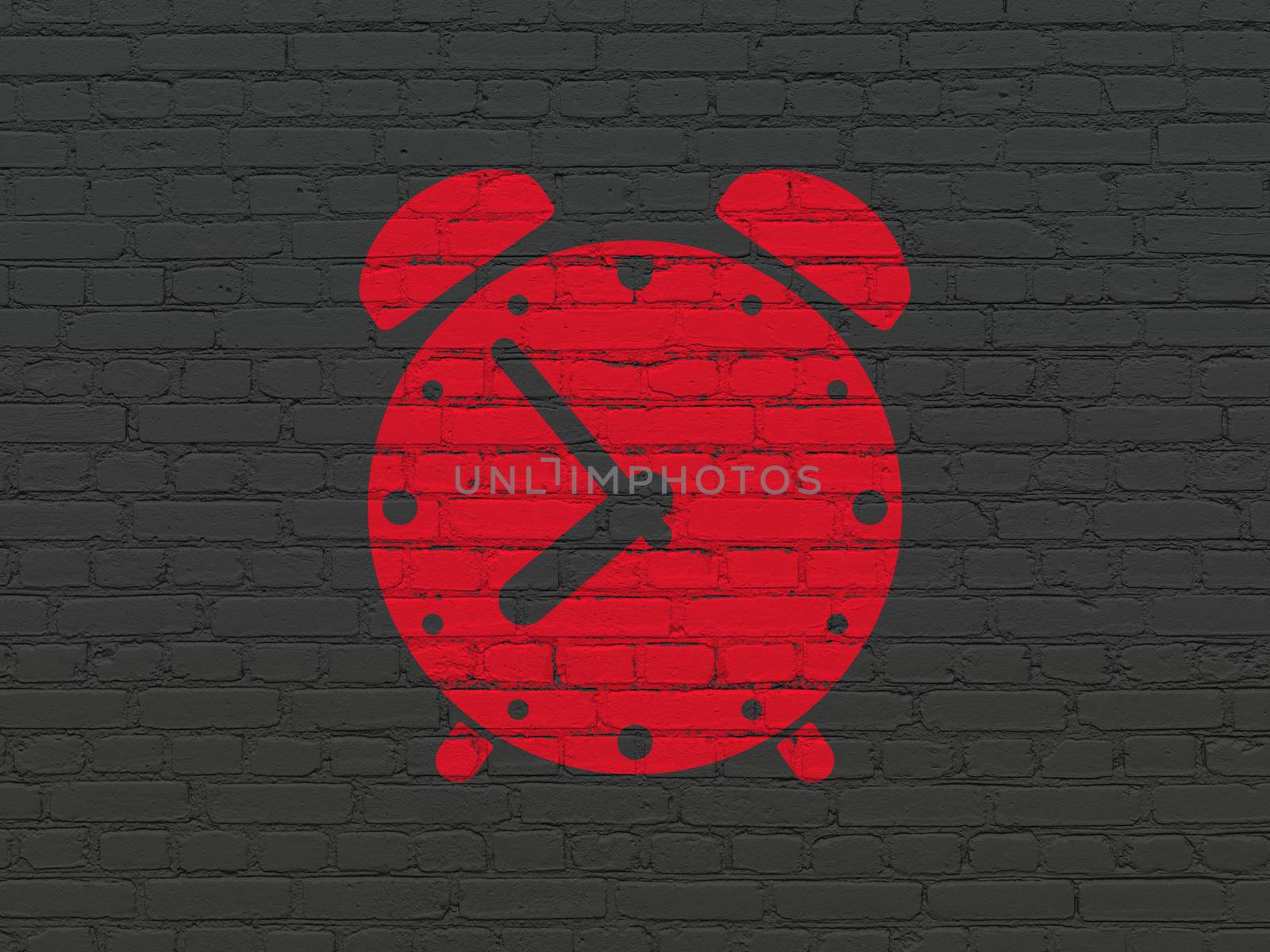 Time concept: Painted red Alarm Clock icon on Black Brick wall background