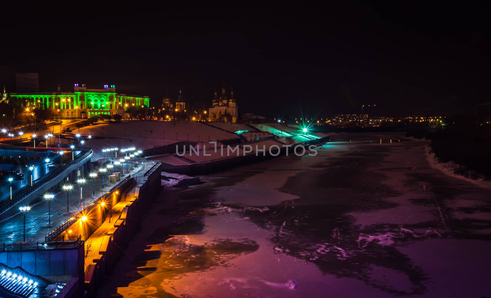 night city lights waterfront the bright lights of the evening river