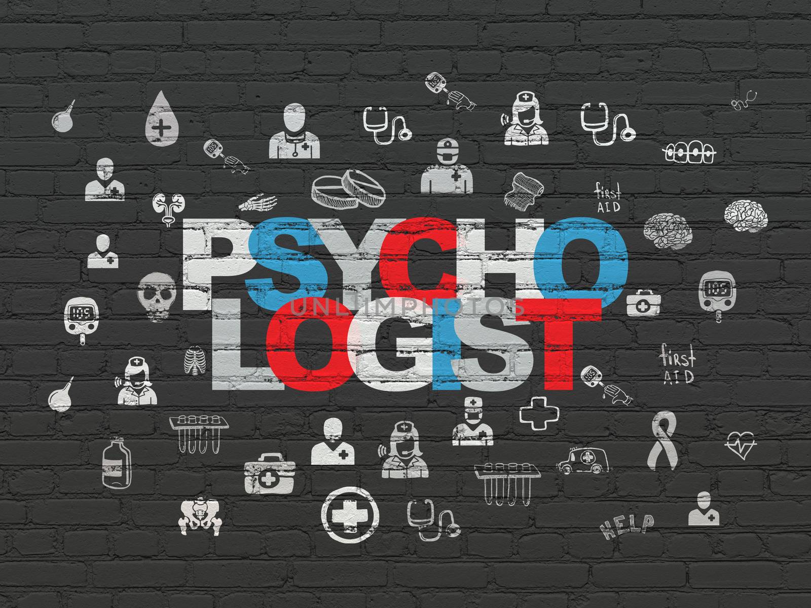 Medicine concept: Painted multicolor text Psychologist on Black Brick wall background with  Hand Drawn Medicine Icons