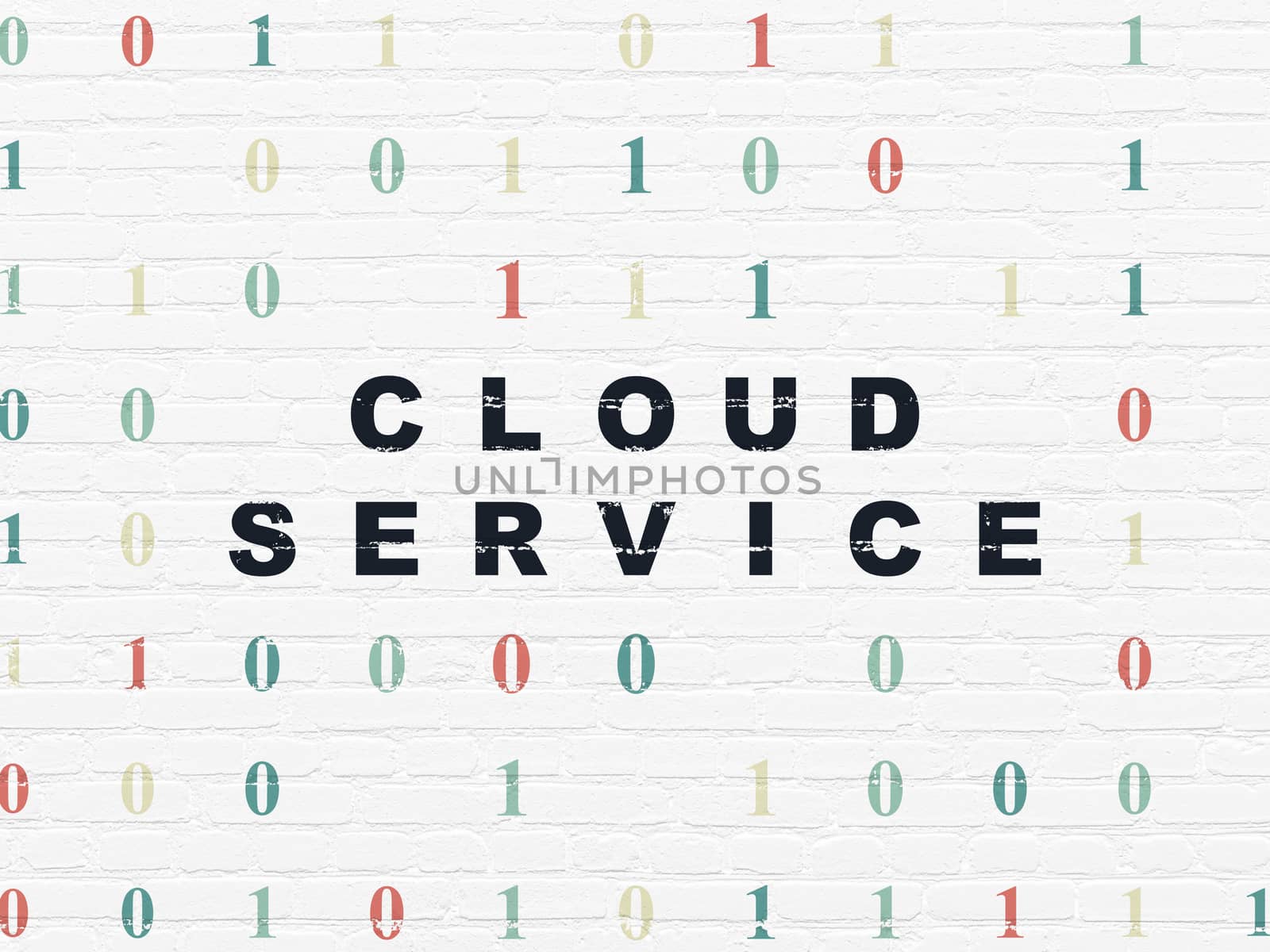 Cloud computing concept: Painted black text Cloud Service on White Brick wall background with Binary Code