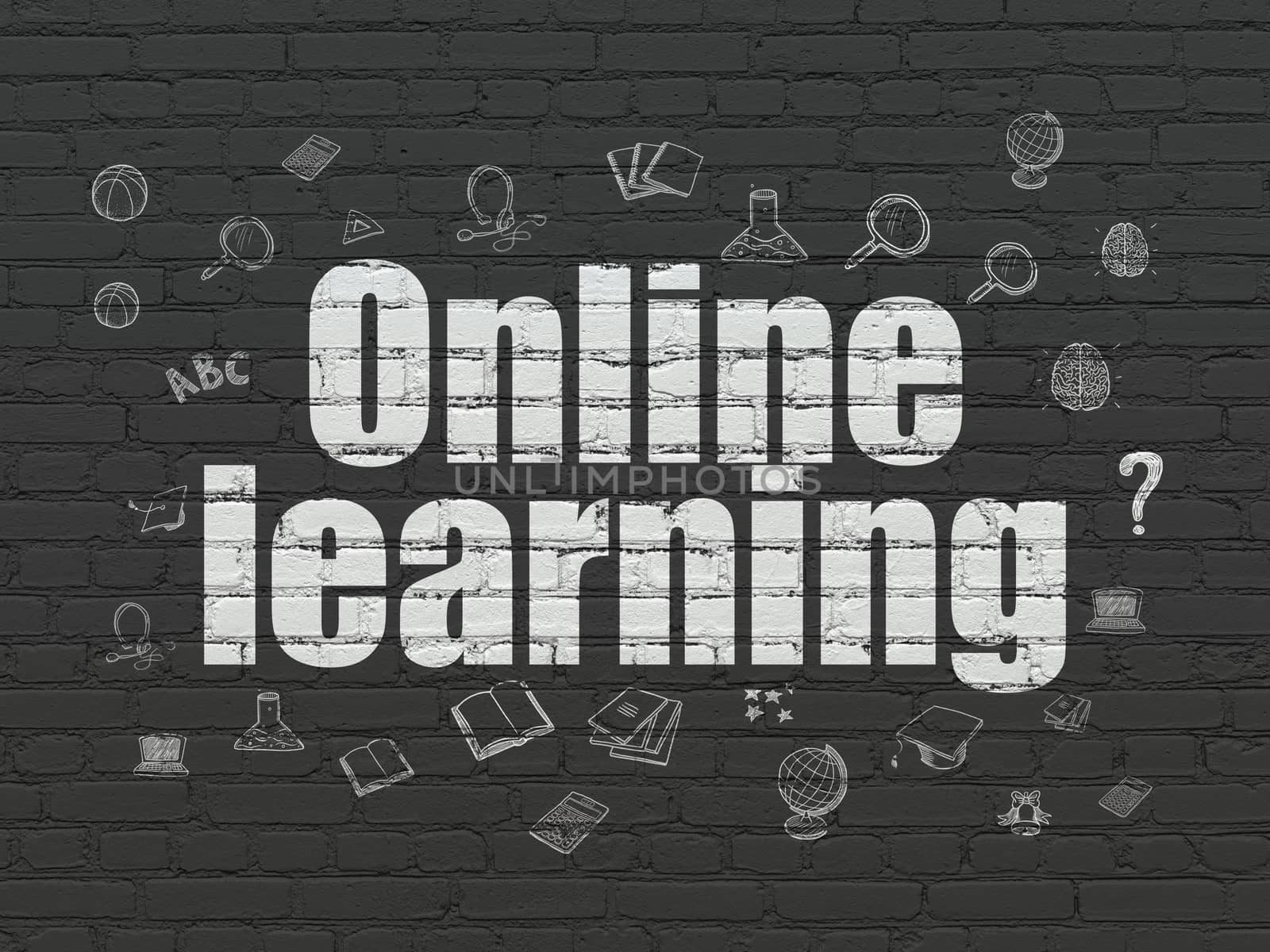 Learning concept: Painted white text Online Learning on Black Brick wall background with  Hand Drawn Education Icons