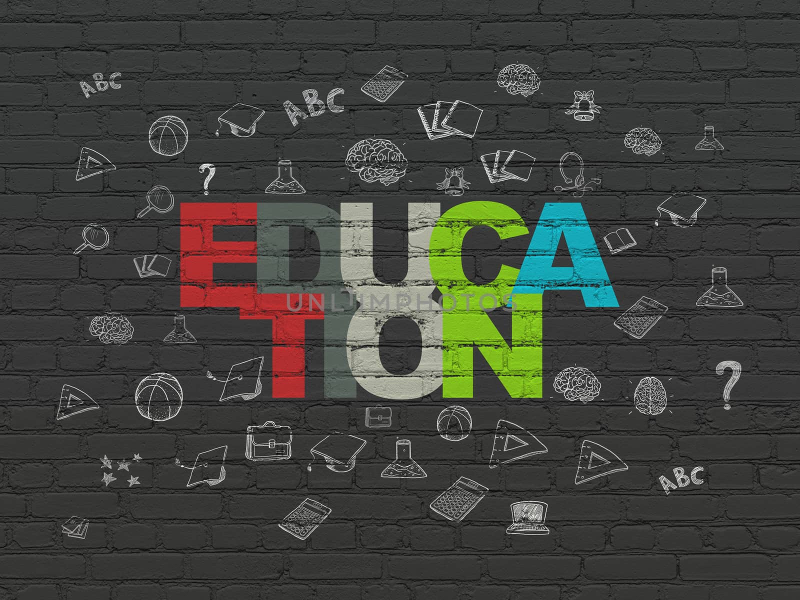 Learning concept: Painted multicolor text Education on Black Brick wall background with  Hand Drawn Education Icons