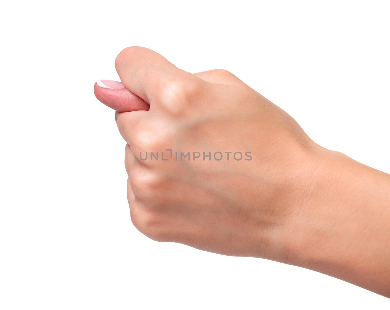 Closeup shot of hand gesture, isolated on white background