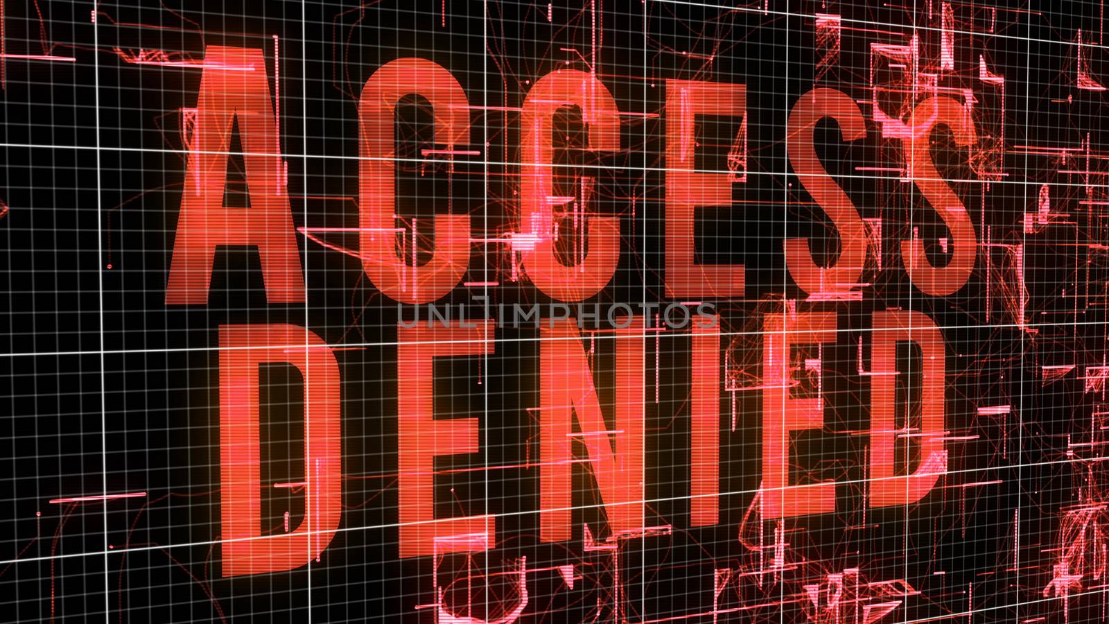 An amazing 3d illustration of an orange access denied command and geometric and sparkling shapeless forms imposed on a grid in a black background, located askew.