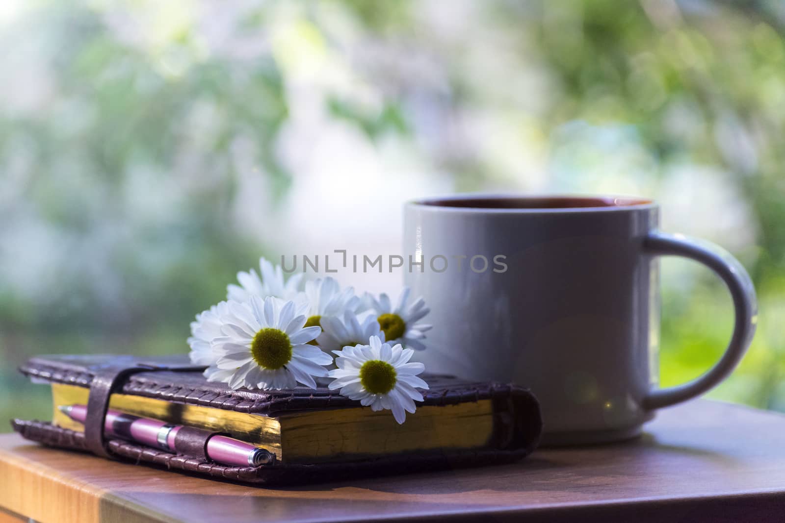 Mug, daisies, Notepad, glasses. The concept of a Sunny summer morning.