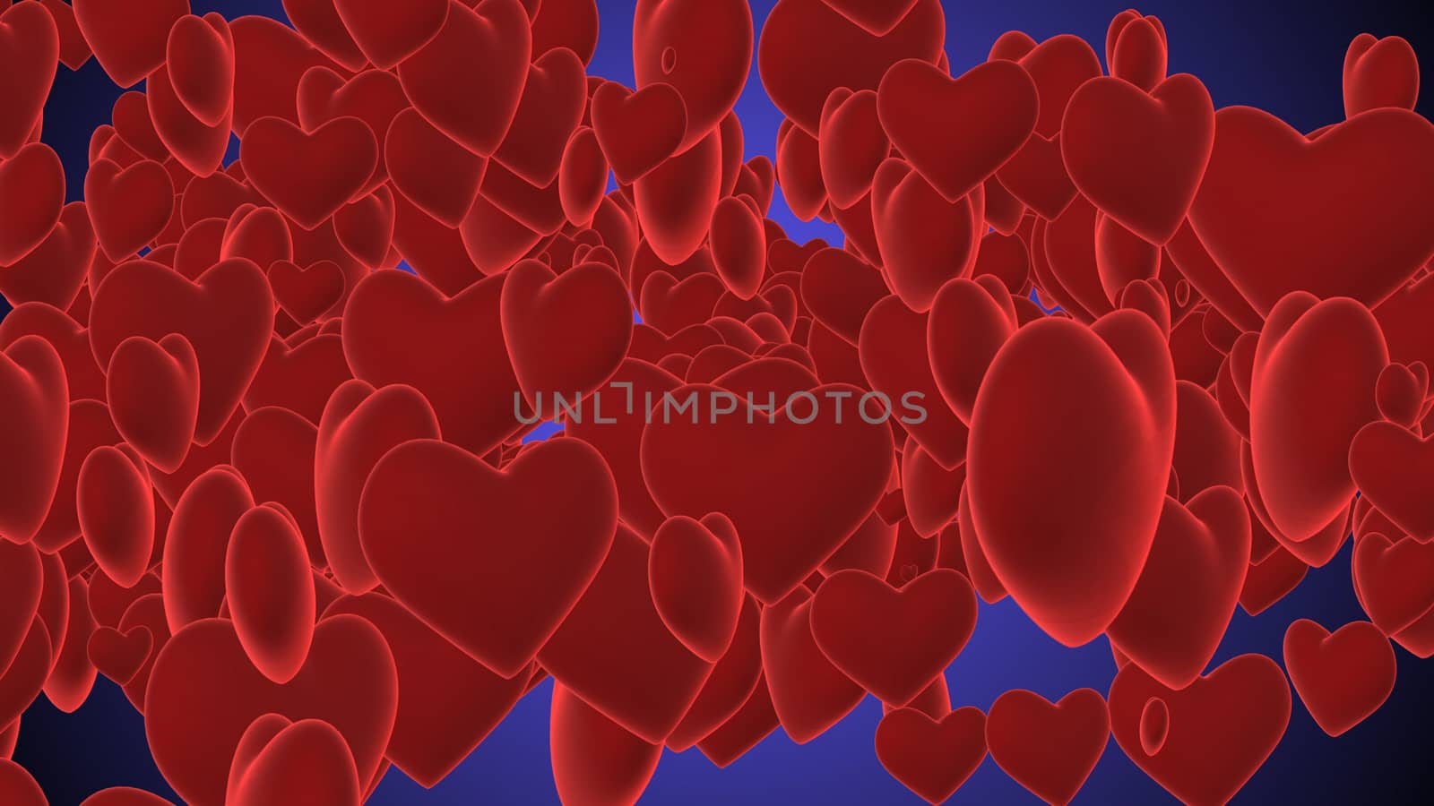 A tender 3d illustration of purple hearts sticking and shining together in the violet background. They remind about St. Valentine day. They create a romantic atmosphere.