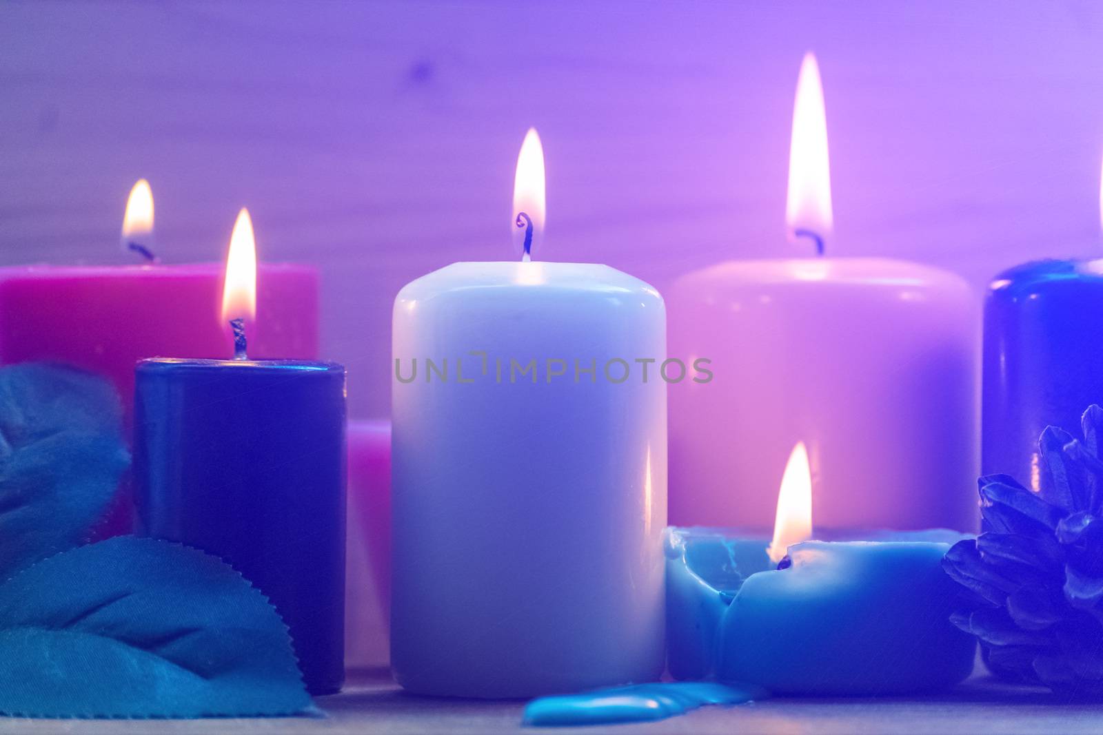 Colorful candles. Aromatherapy. Interior