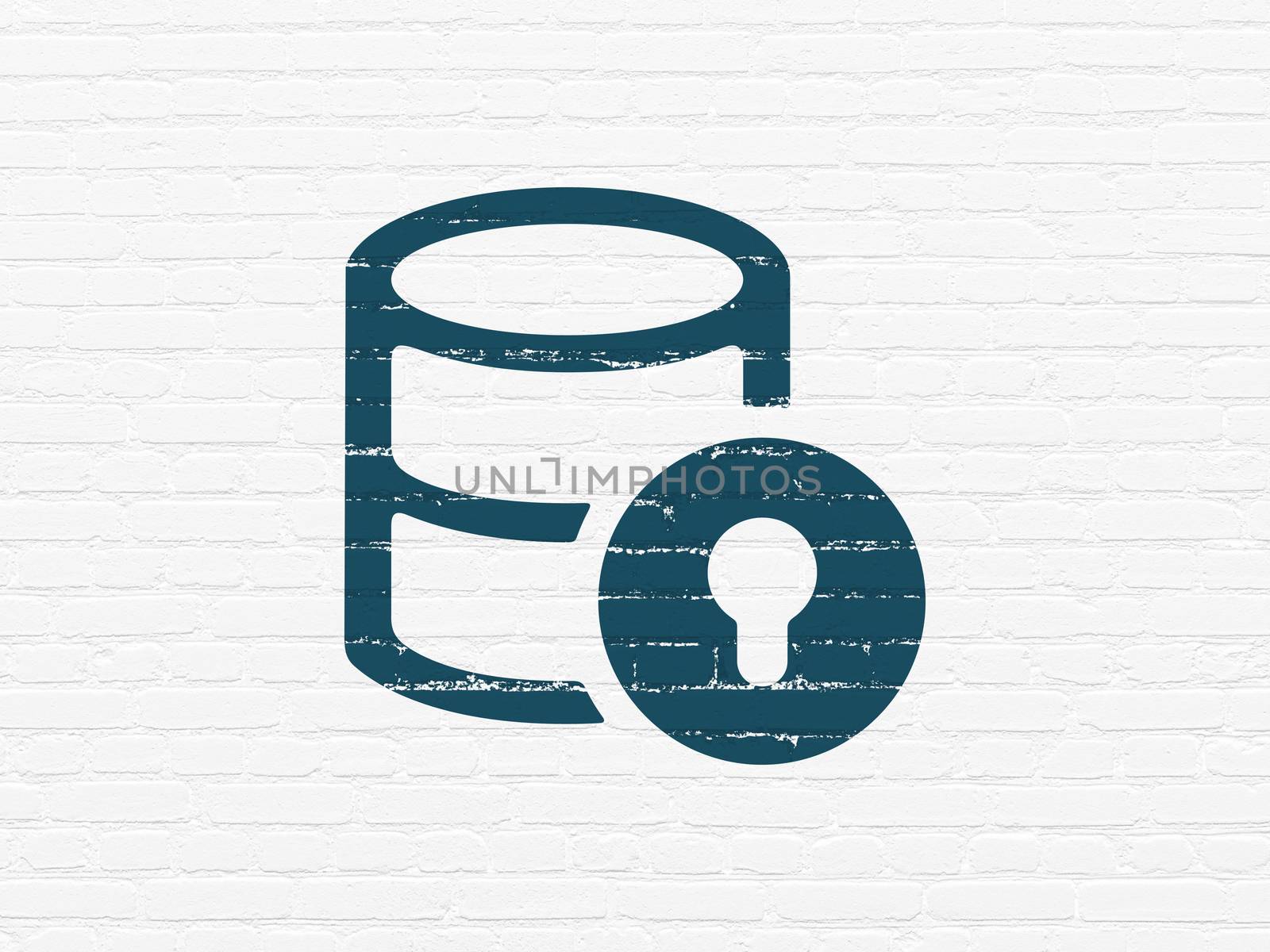 Database concept: Painted blue Database With Lock icon on White Brick wall background