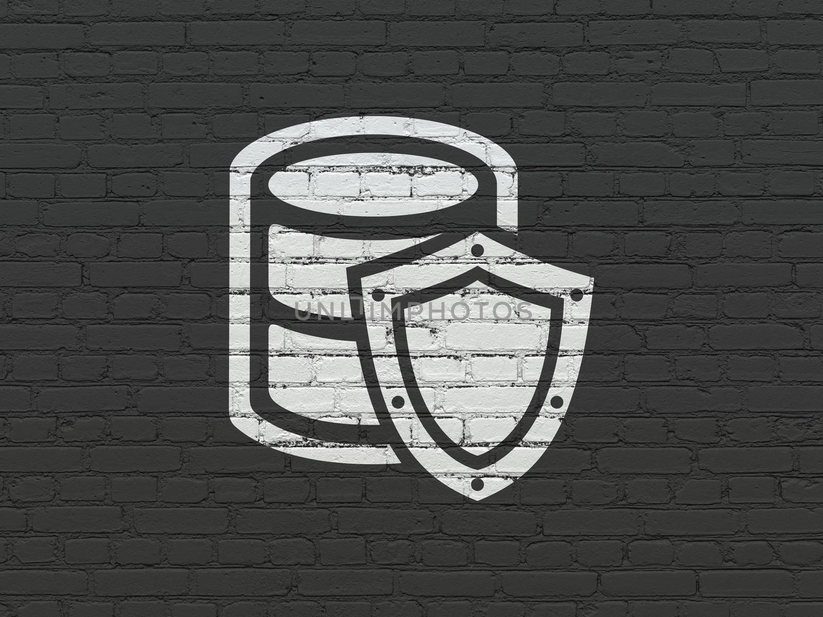 Programming concept: Painted white Database With Shield icon on Black Brick wall background