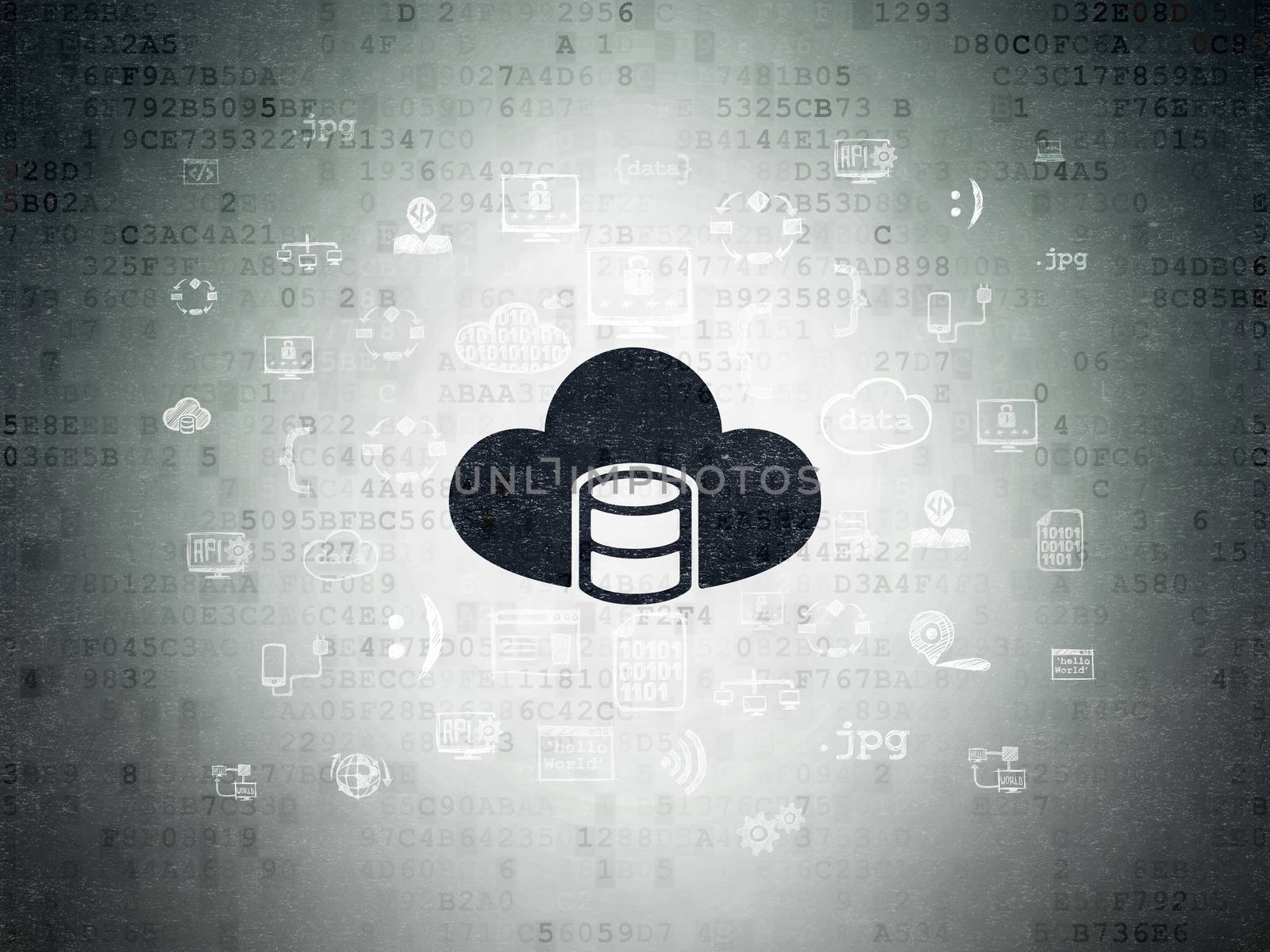 Database concept: Painted black Database With Cloud icon on Digital Data Paper background with  Hand Drawn Programming Icons