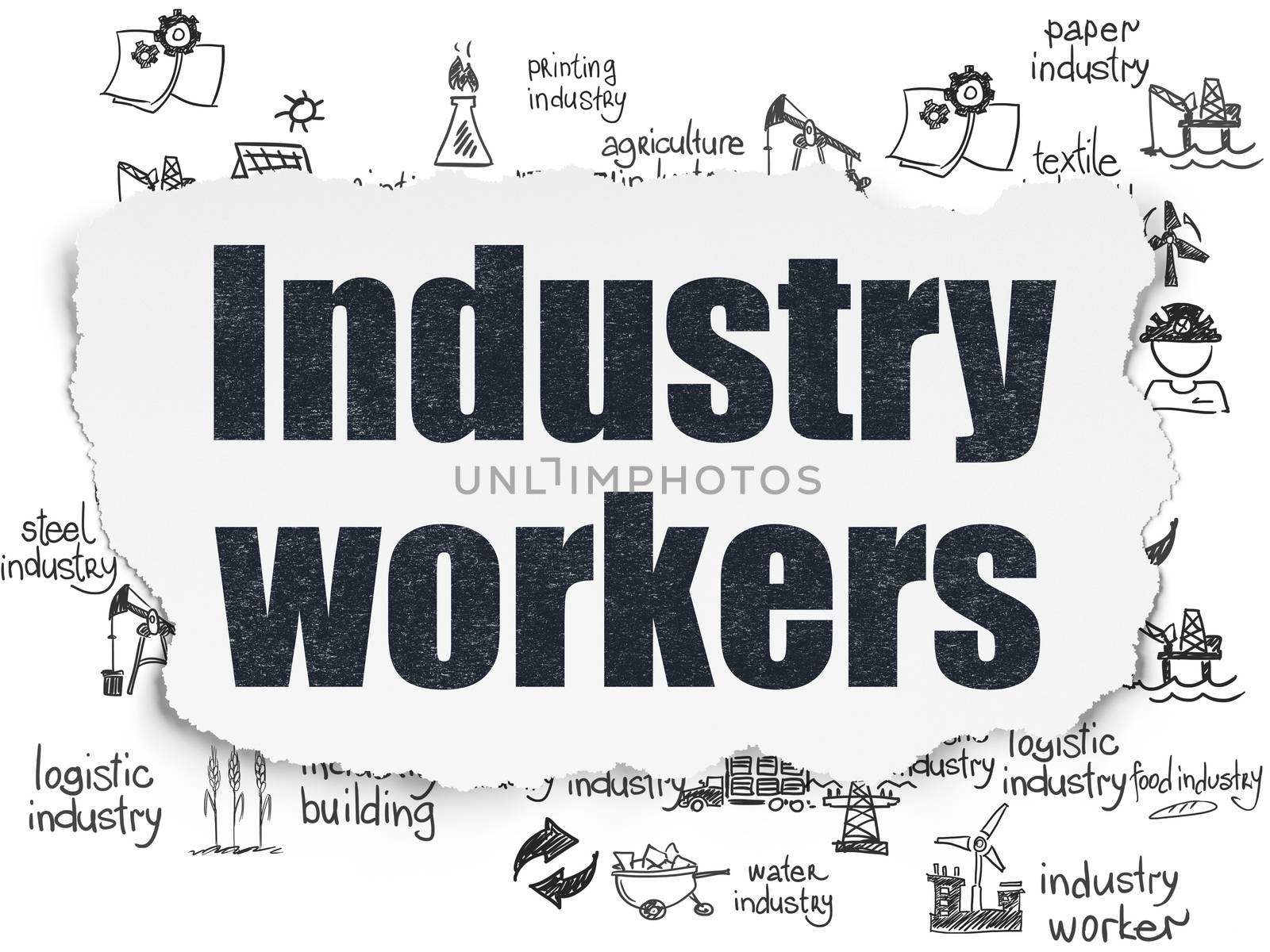 Industry concept: Painted black text Industry Workers on Torn Paper background with  Hand Drawn Industry Icons