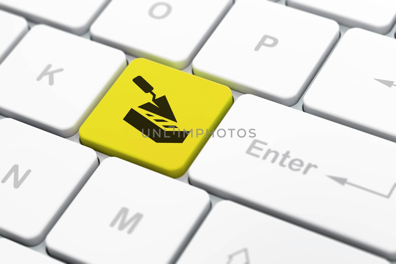 Constructing concept: computer keyboard with Brick Wall icon on enter button background, selected focus, 3D rendering