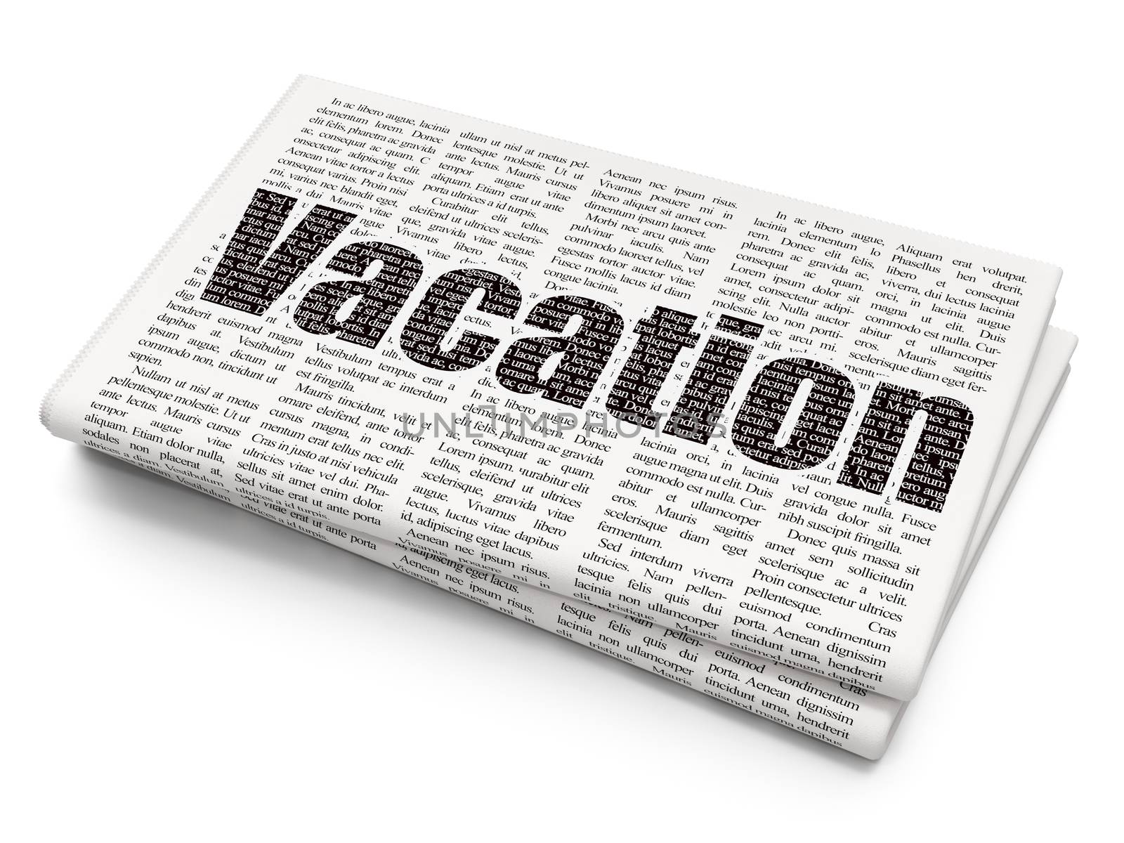 Travel concept: Pixelated black text Vacation on Newspaper background, 3D rendering