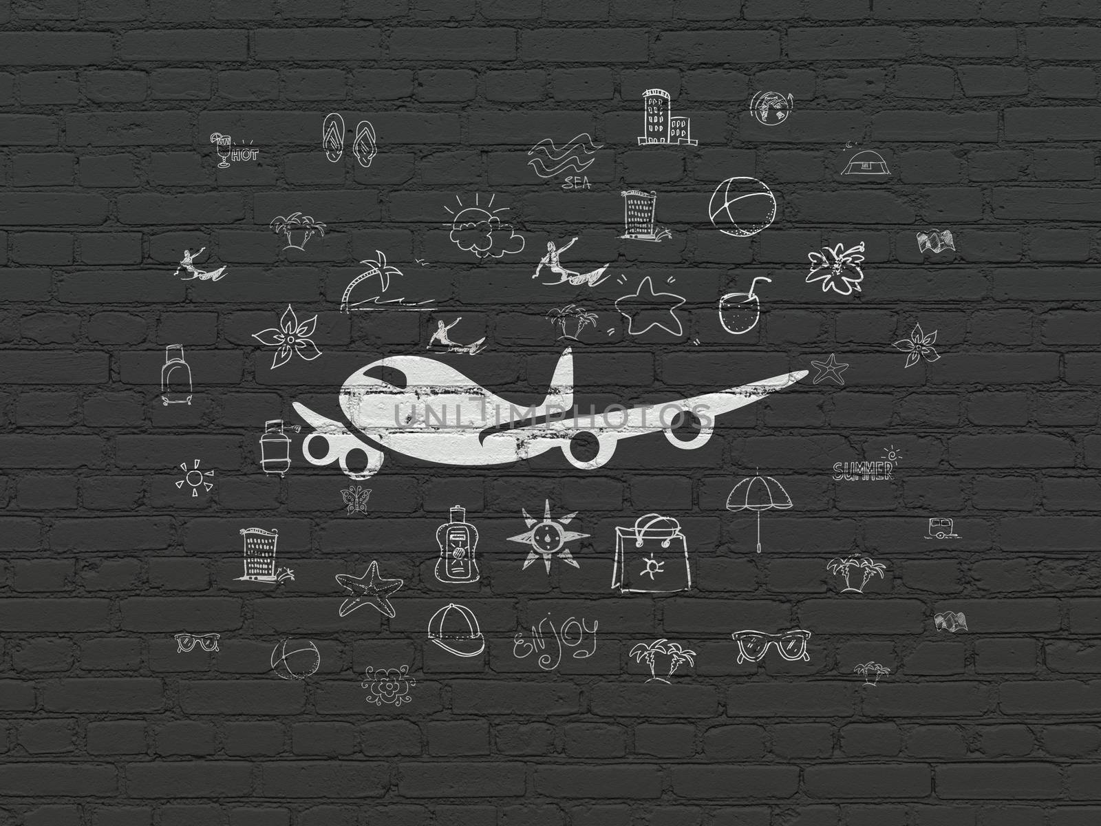 Tourism concept: Airplane on wall background by maxkabakov