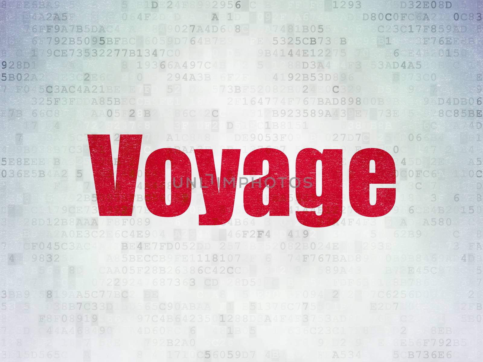 Tourism concept: Painted red word Voyage on Digital Data Paper background