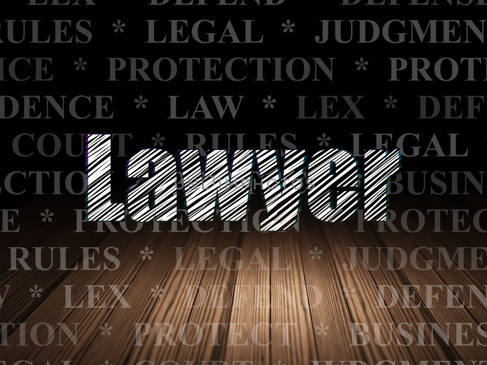 Law concept: Glowing text Lawyer in grunge dark room with Wooden Floor, black background with  Tag Cloud