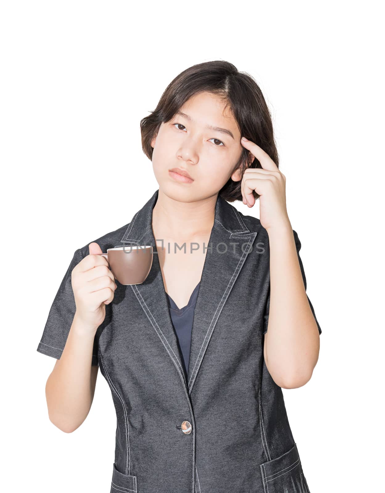 Young female short hair holding up coffee cup, Cut out isolated on white background