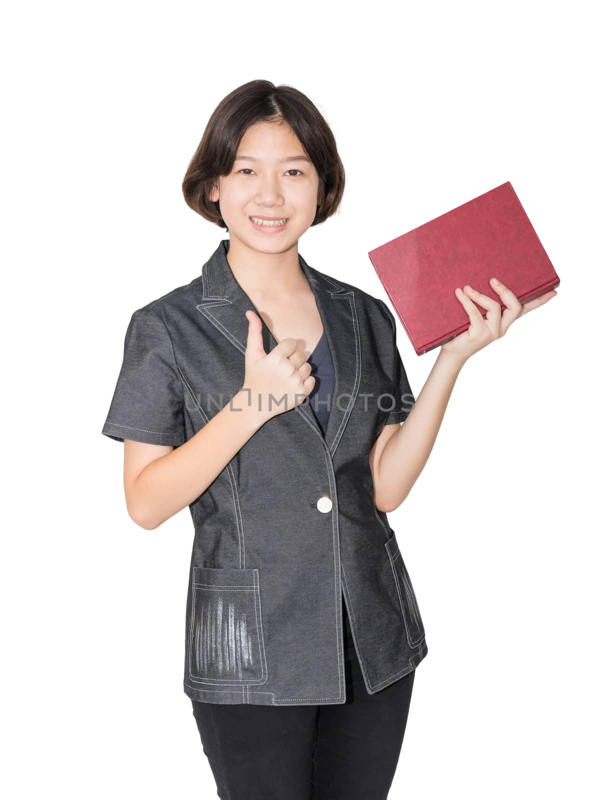 Young female short hair holding up red book, Cut out isolated on white background