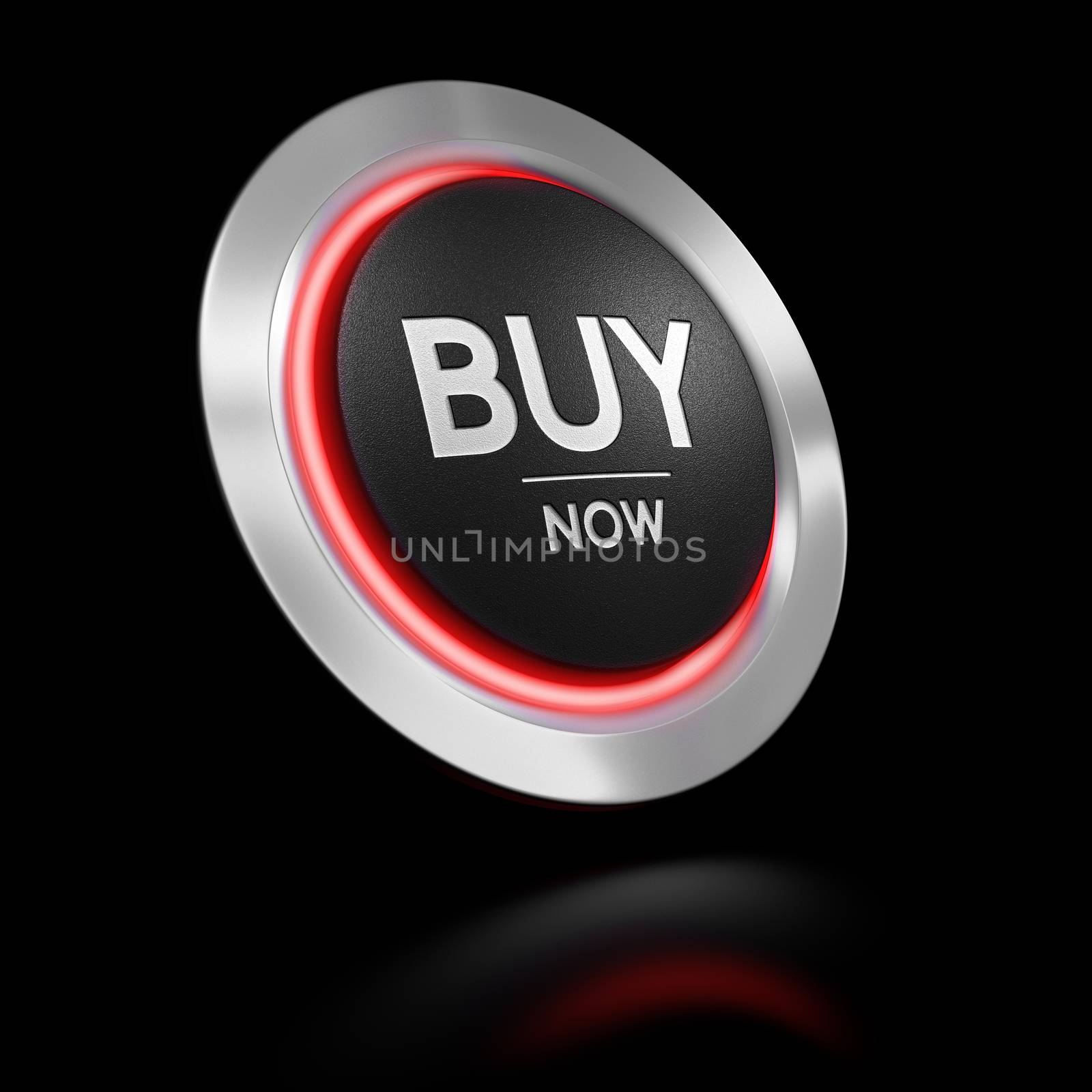 3D illustration of a call to action button with the text buy now. Design element over black background