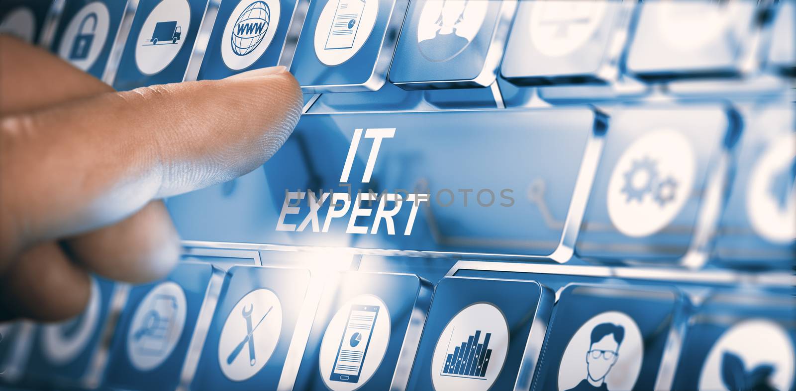 Finger pressing a modern interface with the text IT expert. Concept of information Technologies professional. Composite between a photography and a 3D background