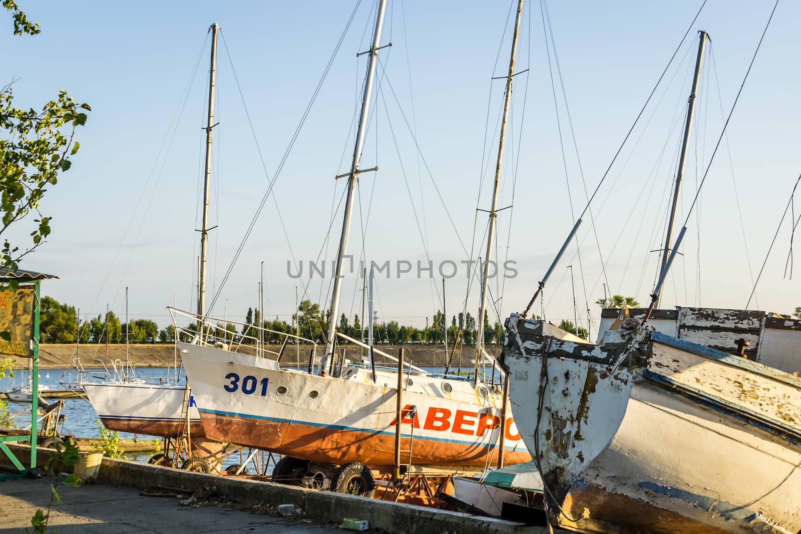 boats on the river sunset river Volga port of ships