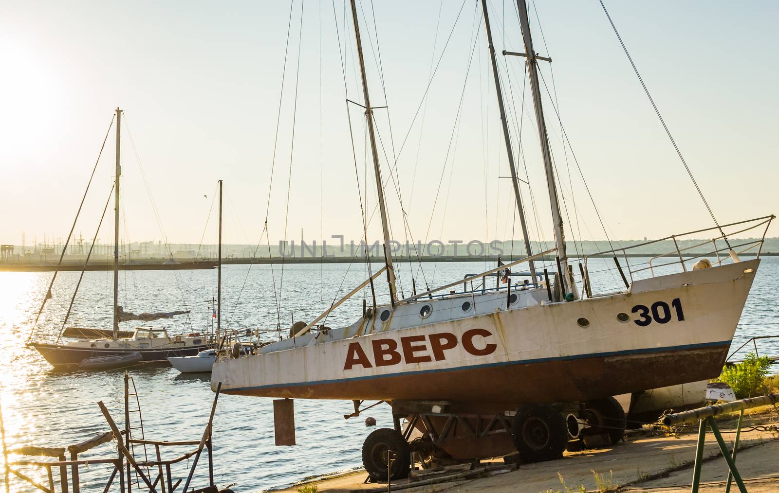 boats on the river sunset river Volga port of ships