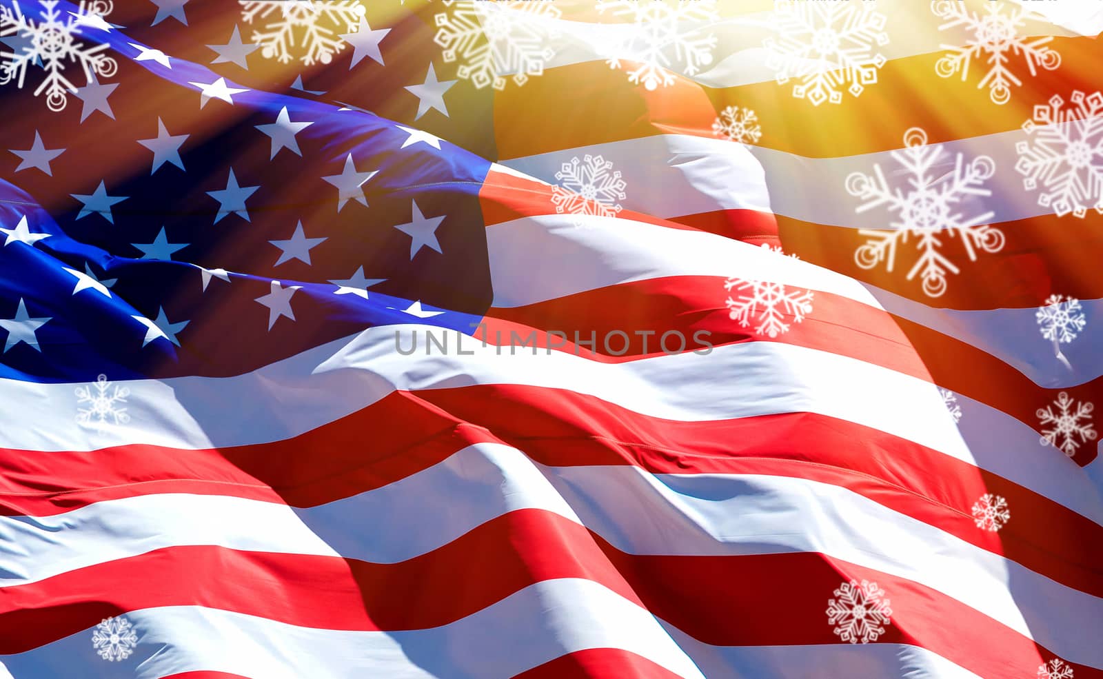 Flag of the USA with sunbeams and snowflakes by Nobilior