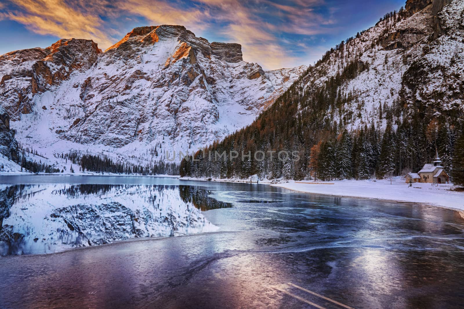 winter sunrise over Lago di Braies, Dolomites, Italy by zhu_zhu