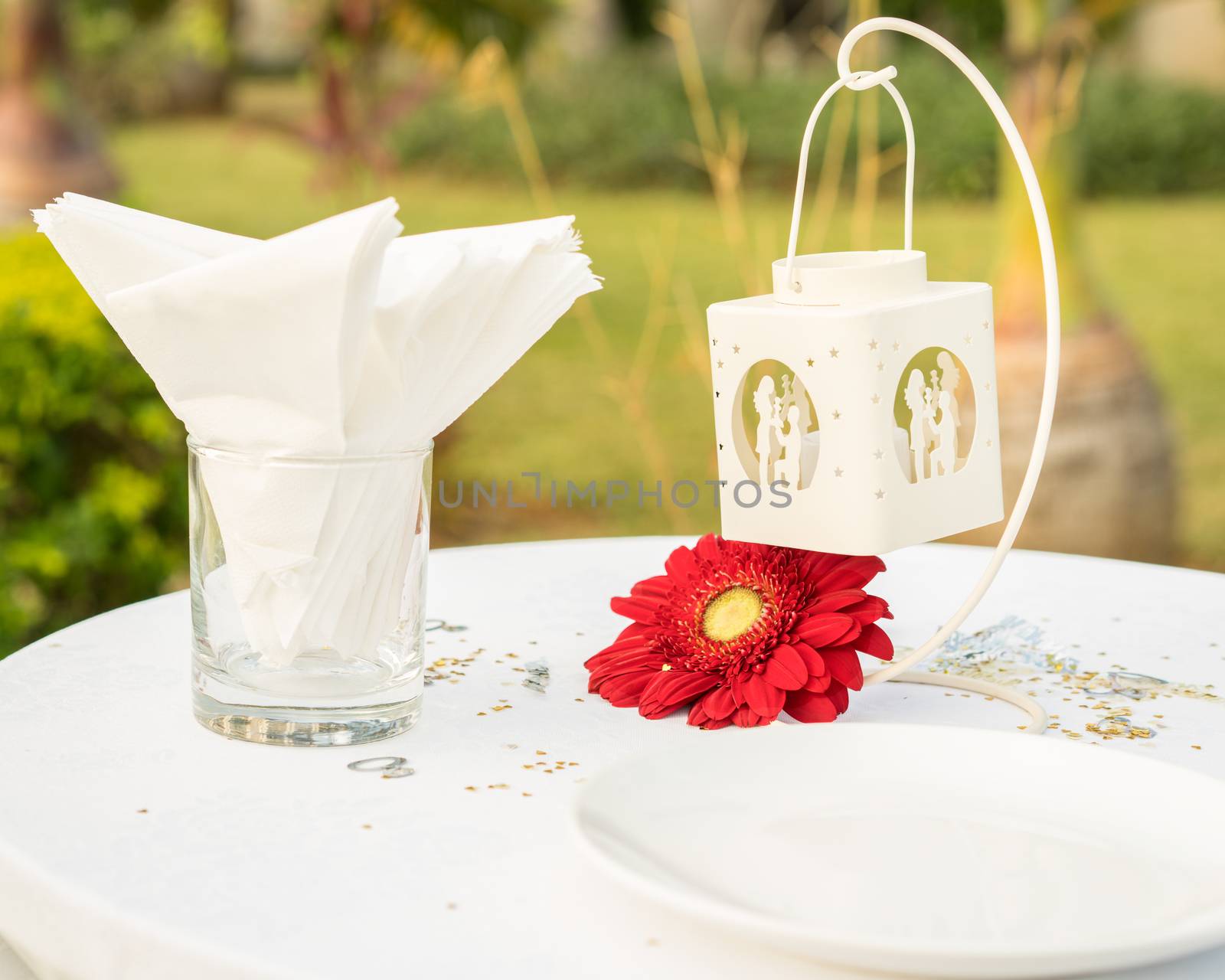 Awesome elegant table set for wedding or event party on white table red flower, outdoor.