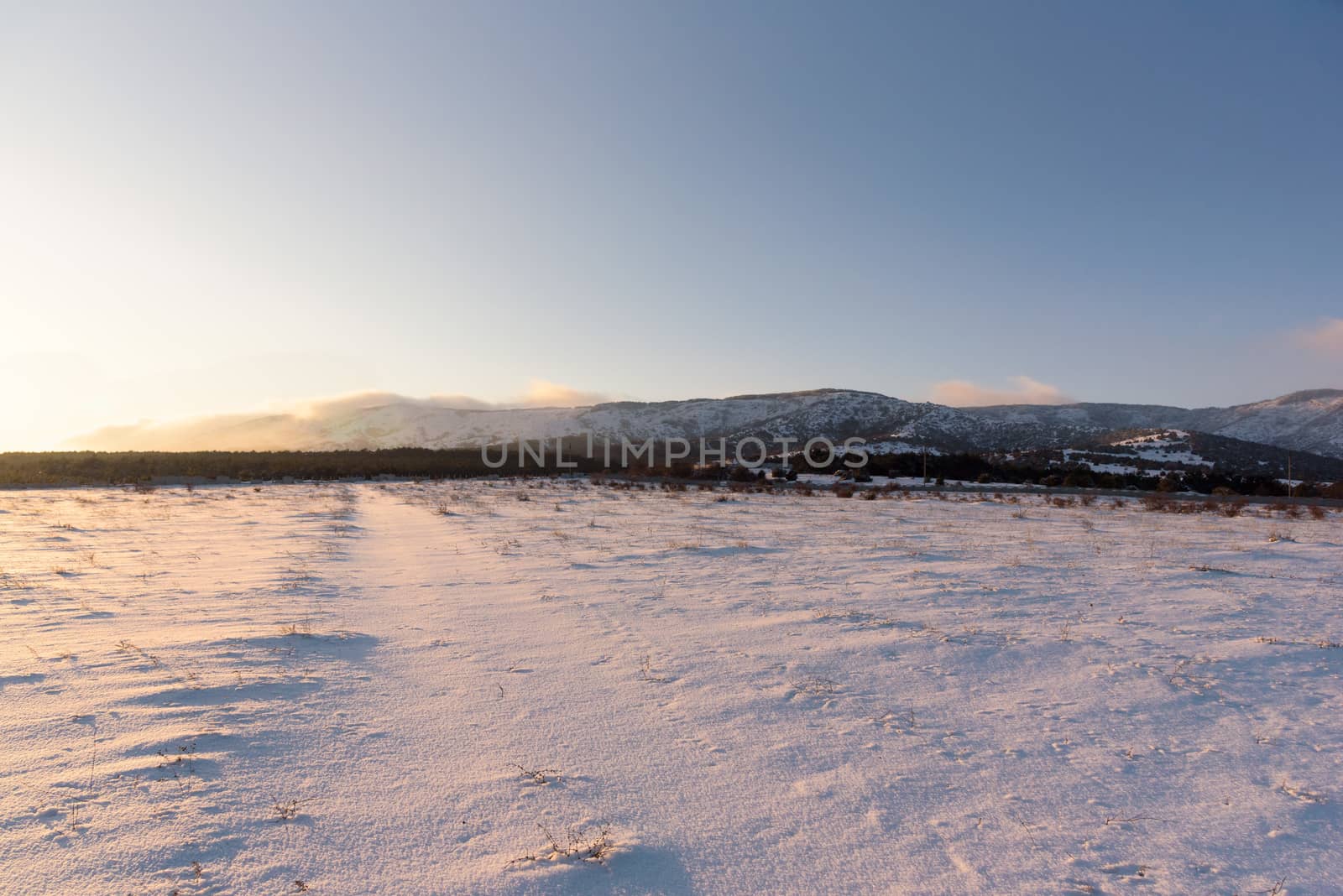 Beautiful winter landscape at sunset with fog and snow