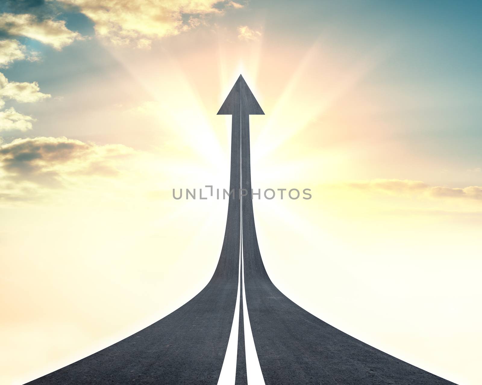 Highway road going up as an arrow. Sunset or sunrise in the background