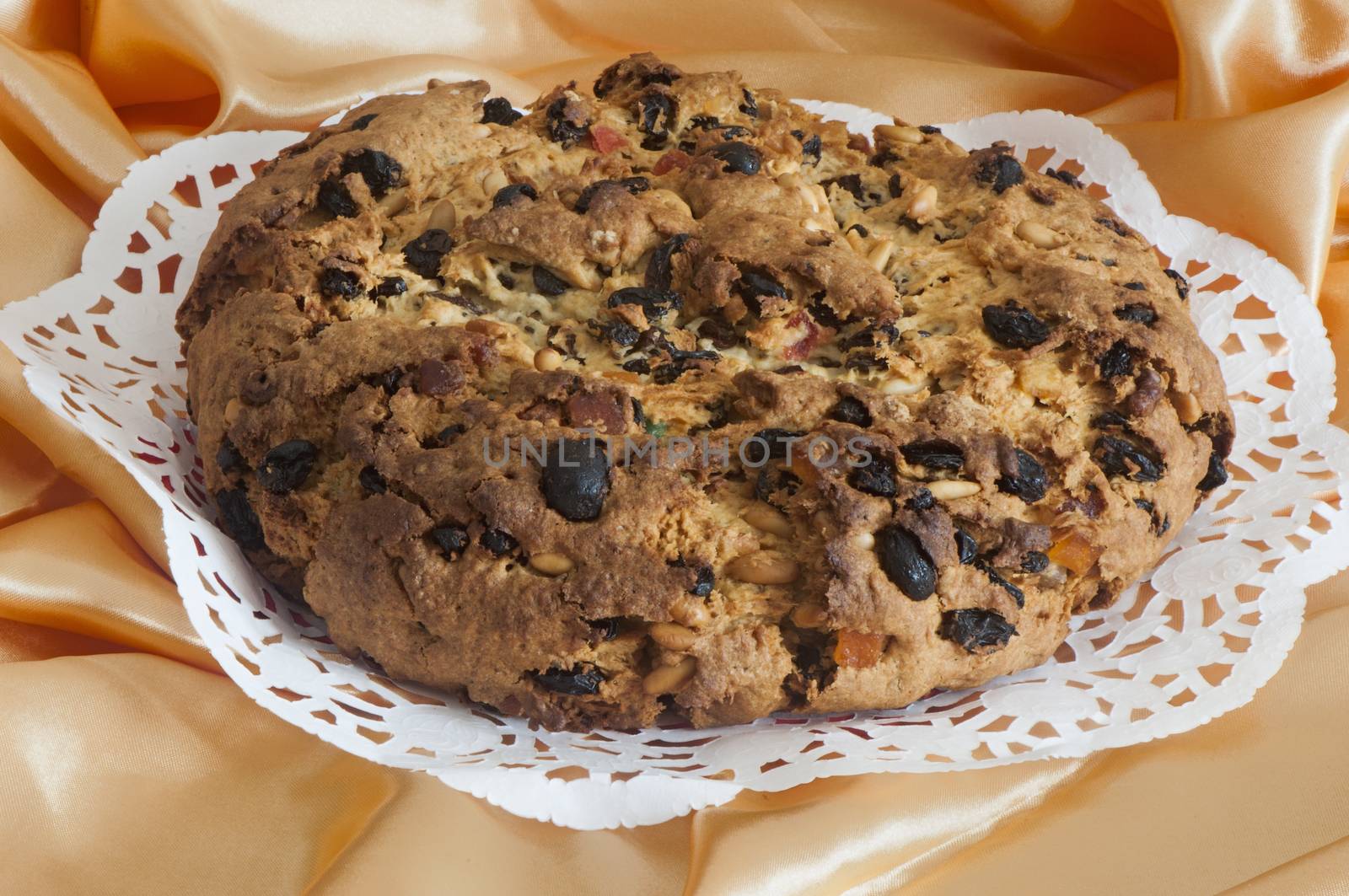  Italian home made panettone on fabric background