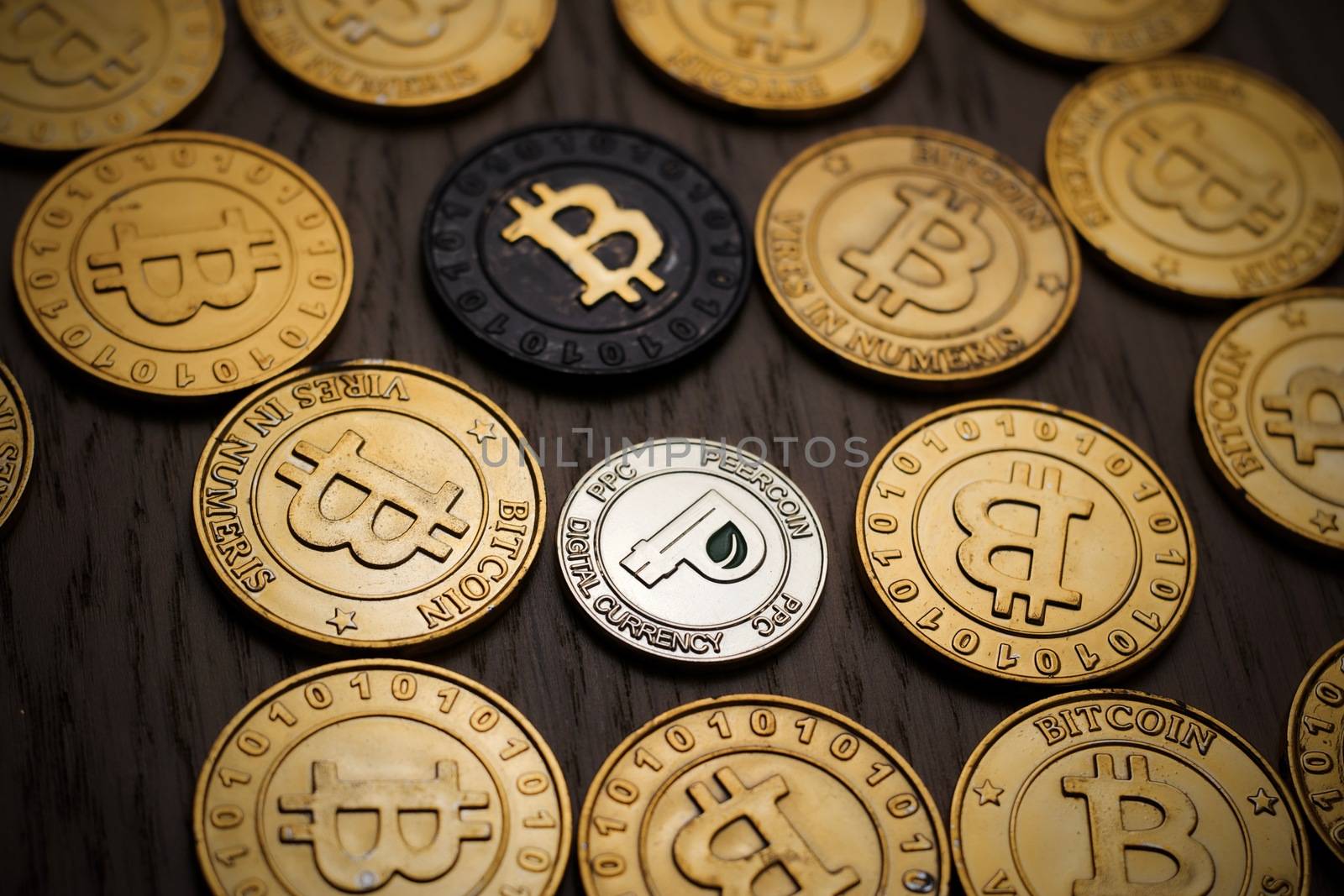 Crypto currency physical bitcoin coin. Bitcoin tokens digital money concept.