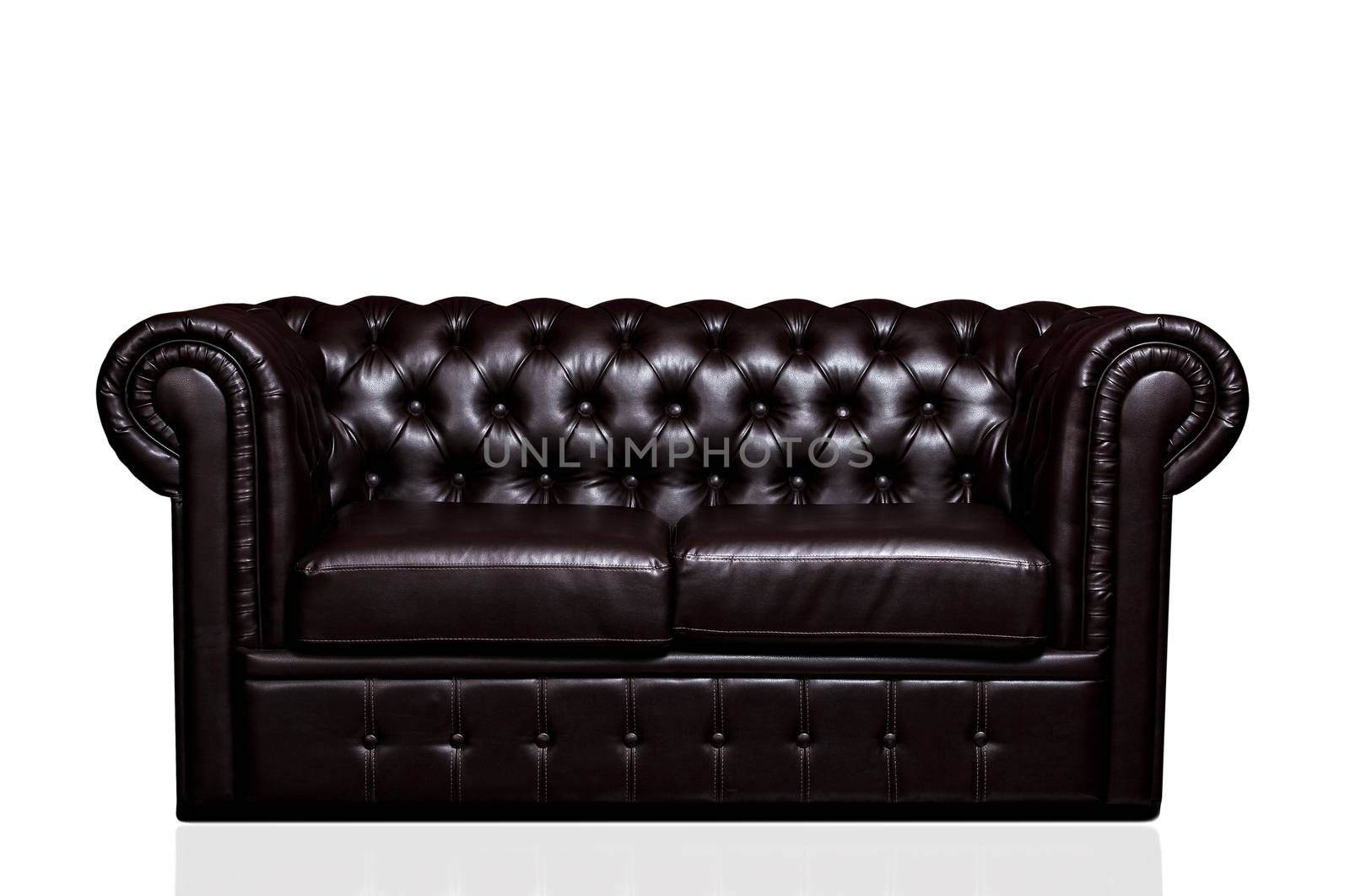 Vintage old dark brown leather sofa isolated on white background by Nobilior