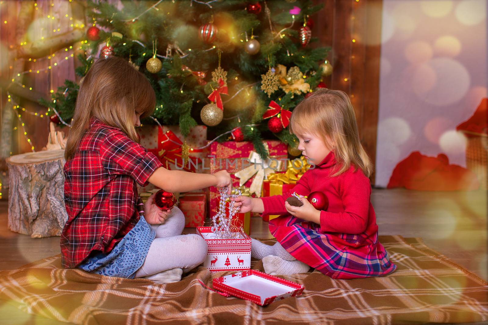 Girls of the sister sort gifts under a Christmas tree in a photographic studio