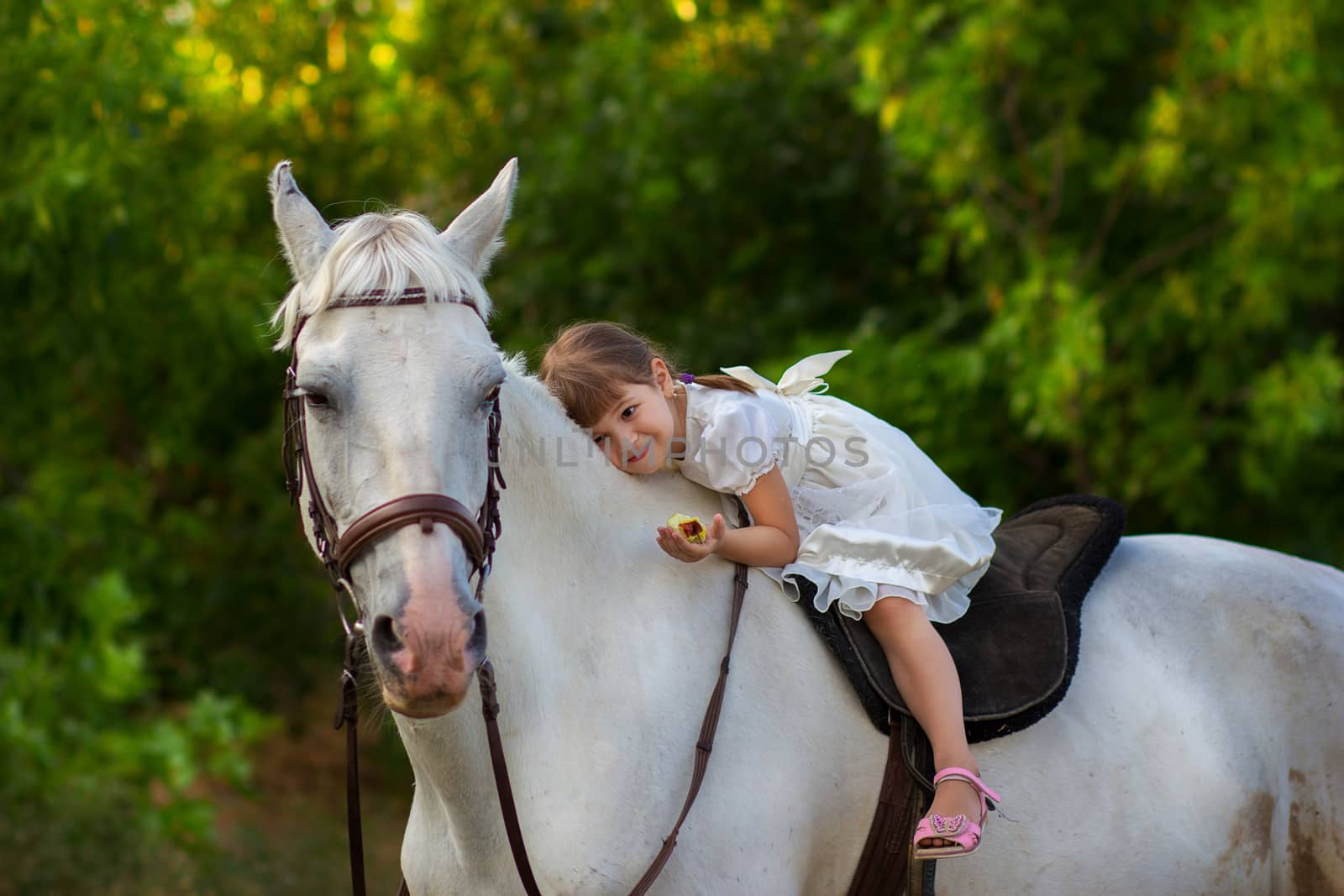 the little girl lies on a white horse