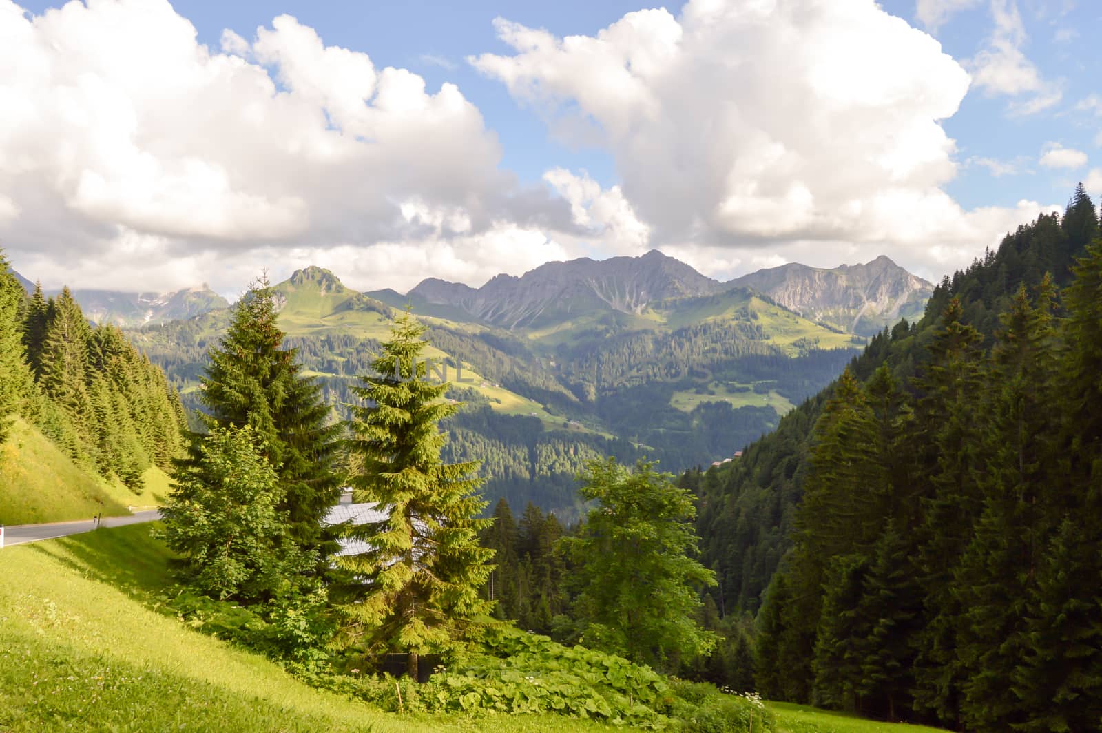 View of a valley and green hills in the Austrian Tyrol