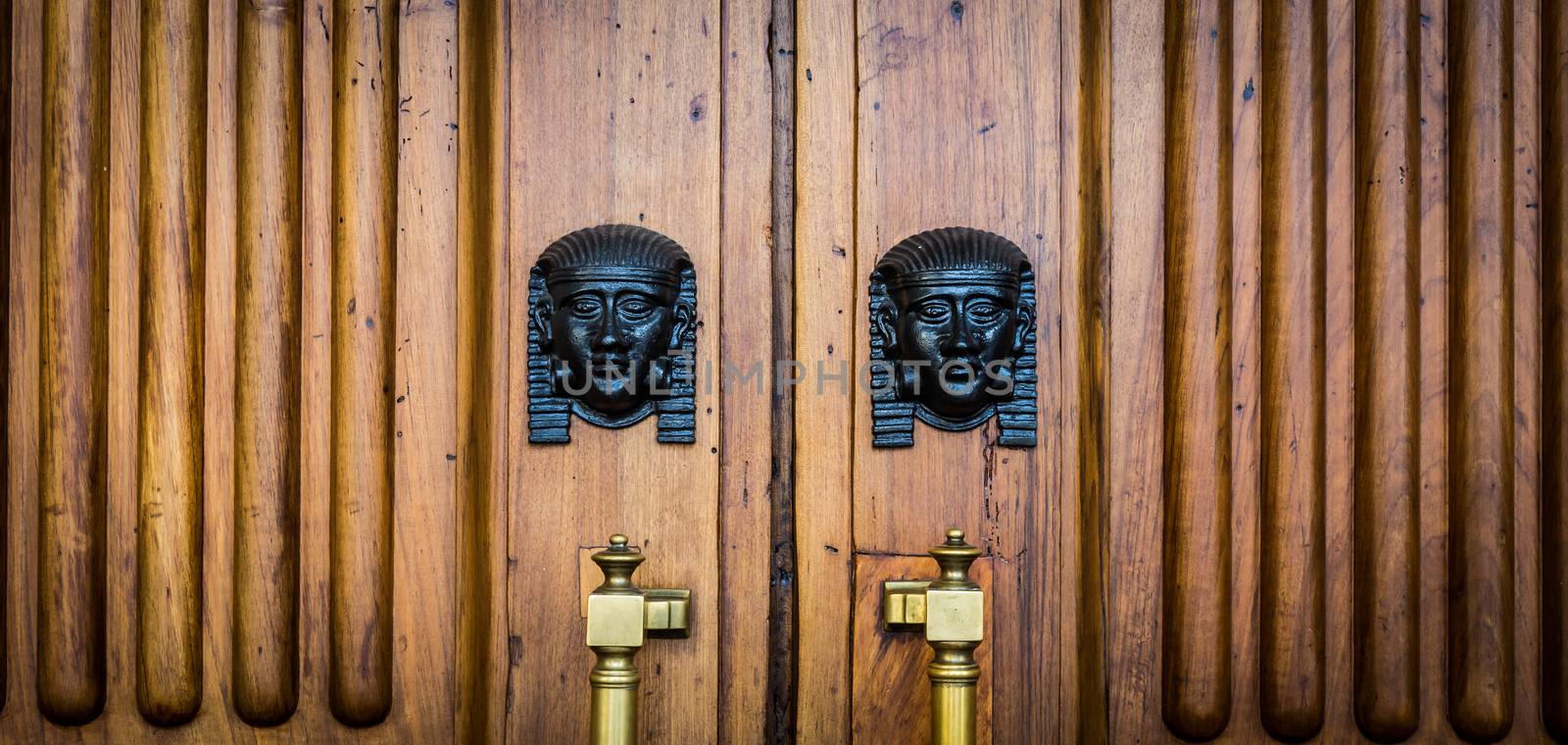 Sphinx heads entrance on wooden door by Perseomedusa