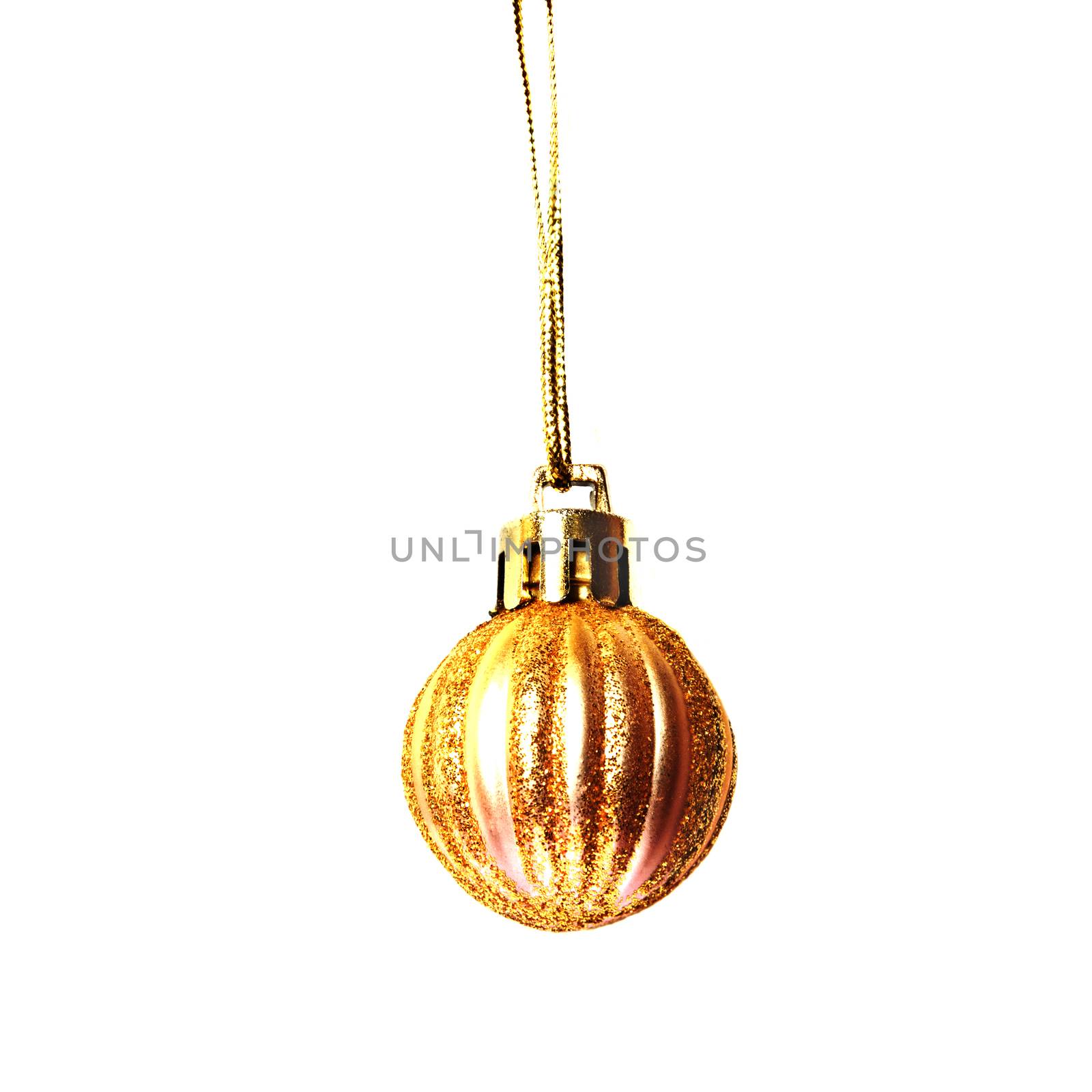 Golden Christmas decor little ball with sparkles isolated on white background