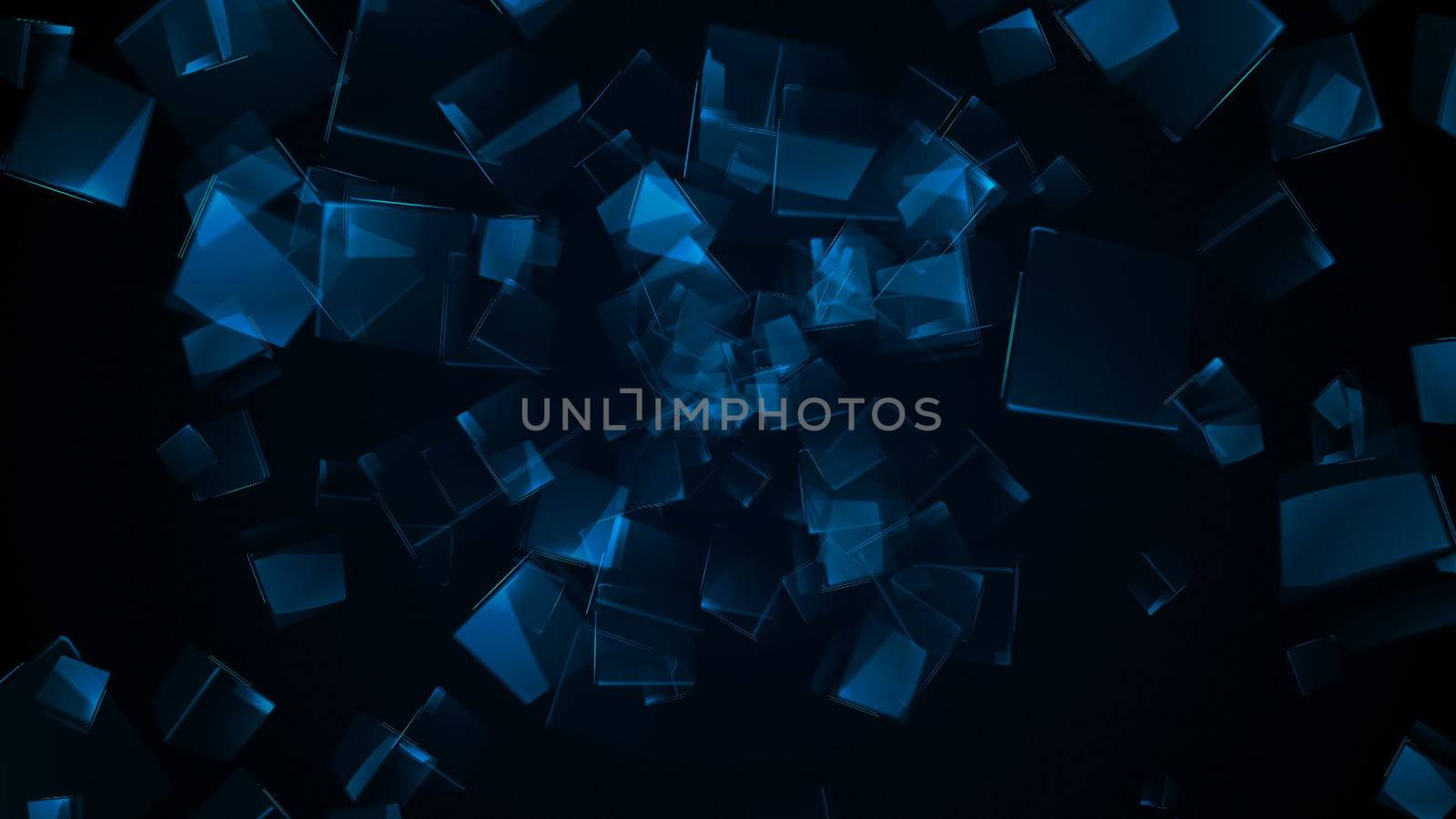 Flying blue rectangular cubes. Digital illustration. 3d rendering