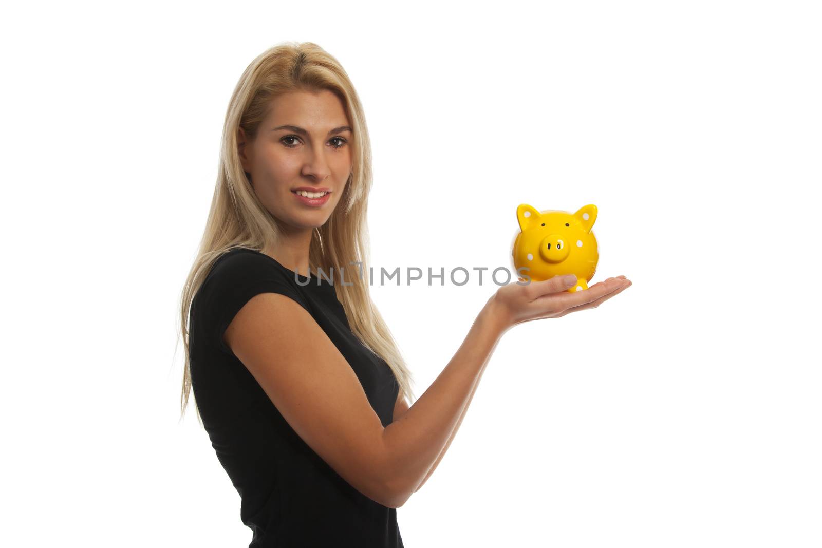attractive young blonde woman on white background