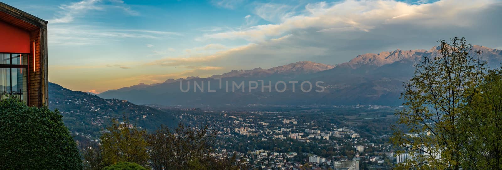 Panorama from La Bastille in Grenoble with Mont-Blanc mountain in the background