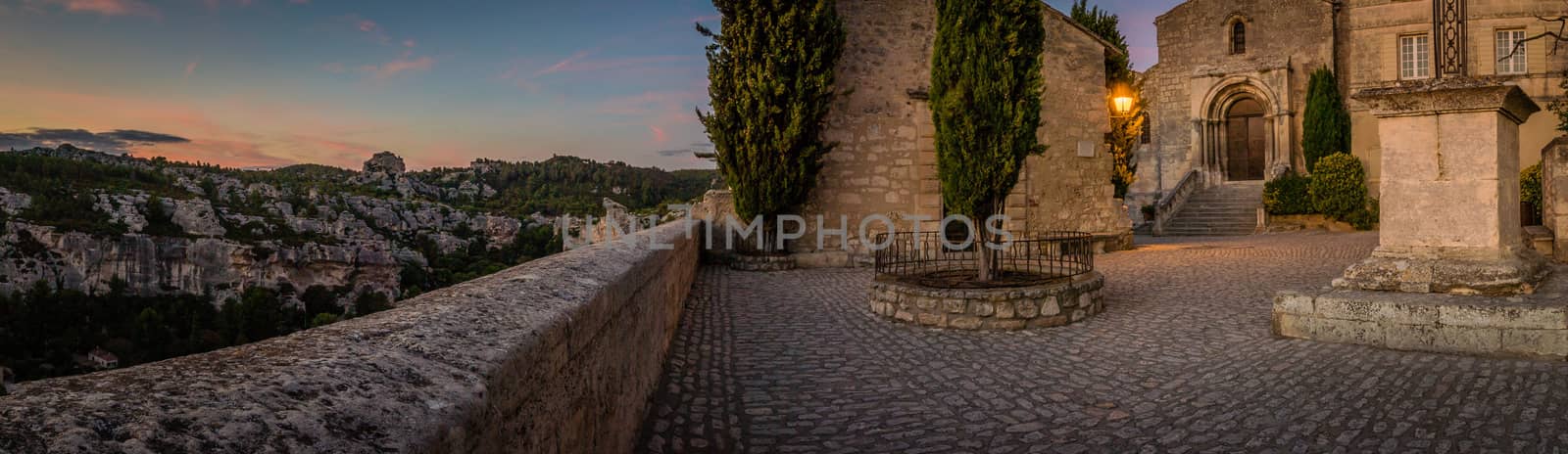 Panorama of Baux-de-Provence and its church in France in the summer