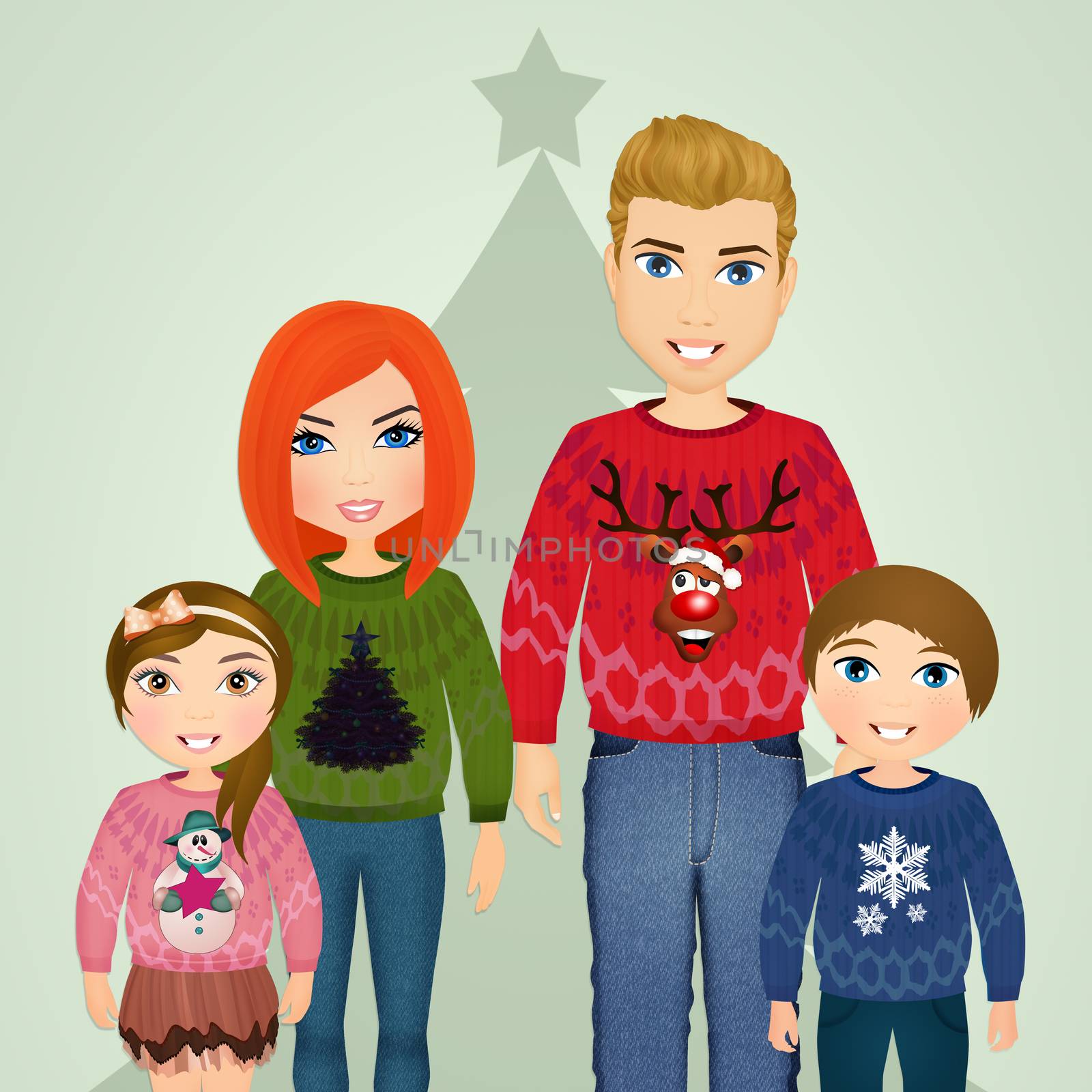 illustration of family with wool sweaters for Christmas