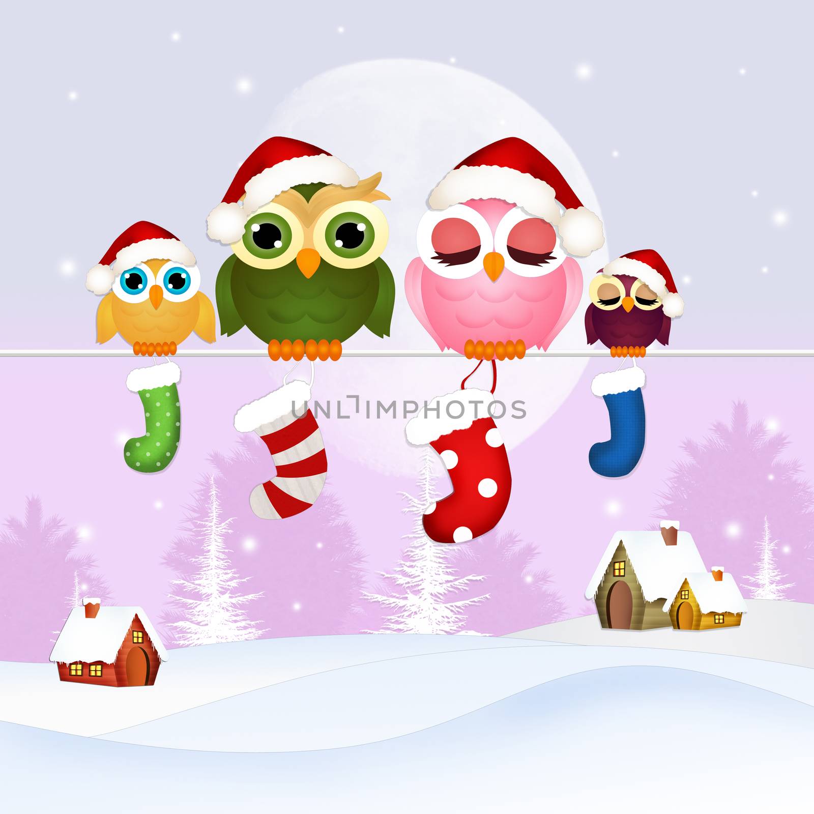 illustration of owls family with Christmas socks