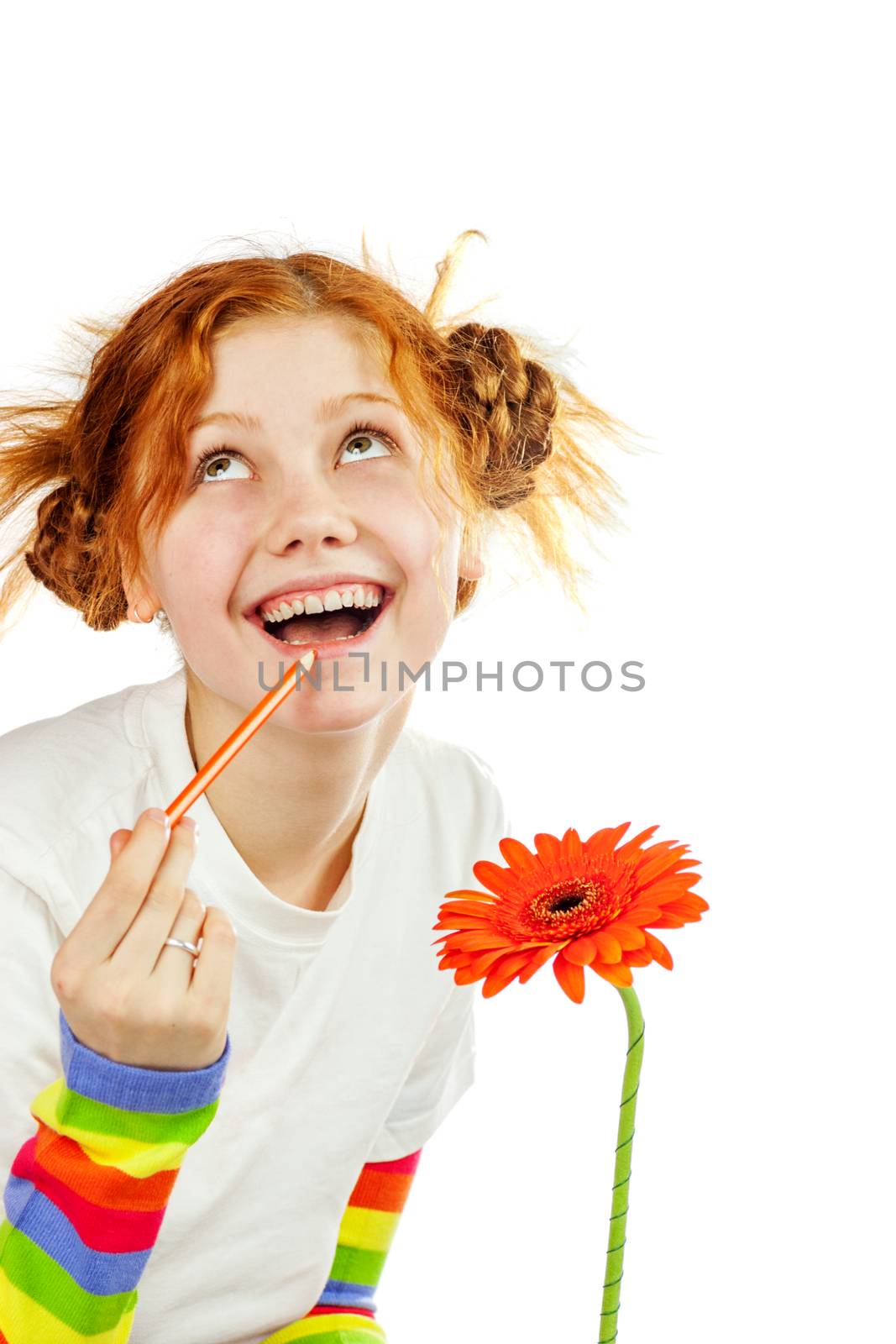 Funny artist looking for inspiration isolated on white